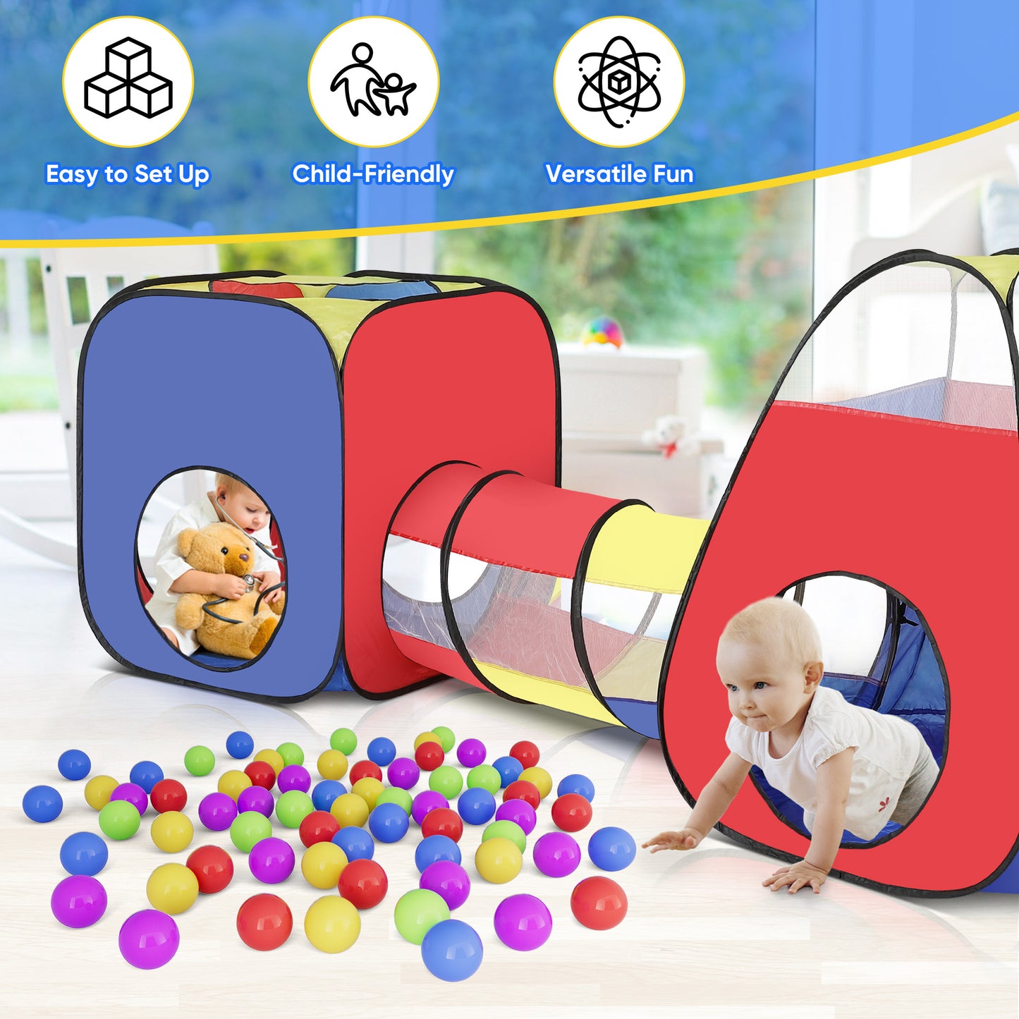 Yexmas 3 in 1 Kids Play Tent and Tunnels - Ball Pit+Crawl Tunnel+Castle Tent Playhouse Tent Set for Boys Girls Kids(No Ball)
