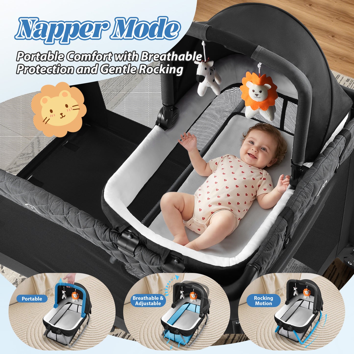 Babyeap 7-in-1 Baby Bassinet with Playard and Bedside Sleeper, Changing Table, Toy Bar, Extra Large Storage Bag, Travel Crib for Newborns and Infants, Black