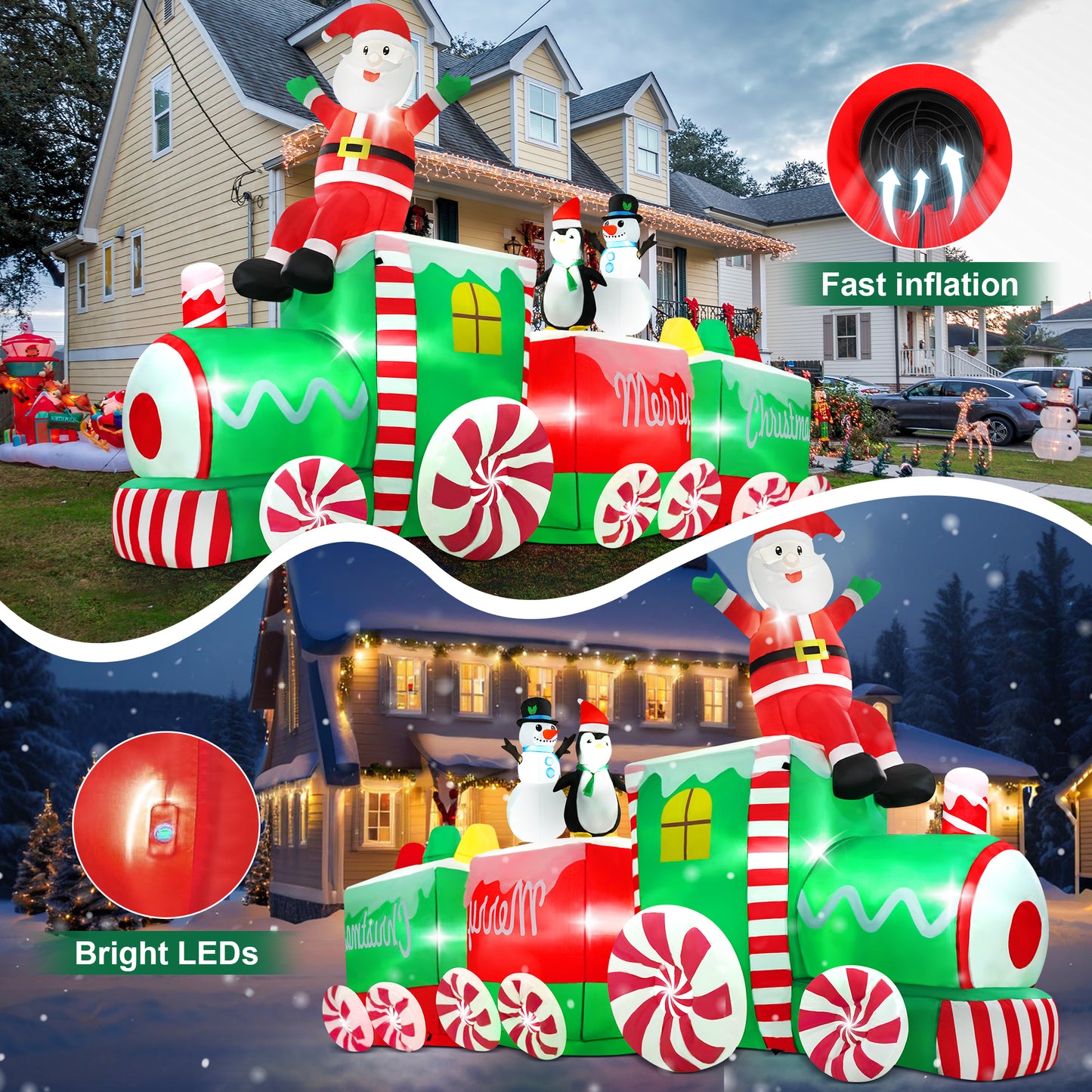Yexmas 10.5ft Christmas Inflatable Train with Santa Snowman Penguin Dinosaur Corner Outdoor Lights Decorations for Holiday Decorations, Christmas Parties, Yard, Garden and Lawn