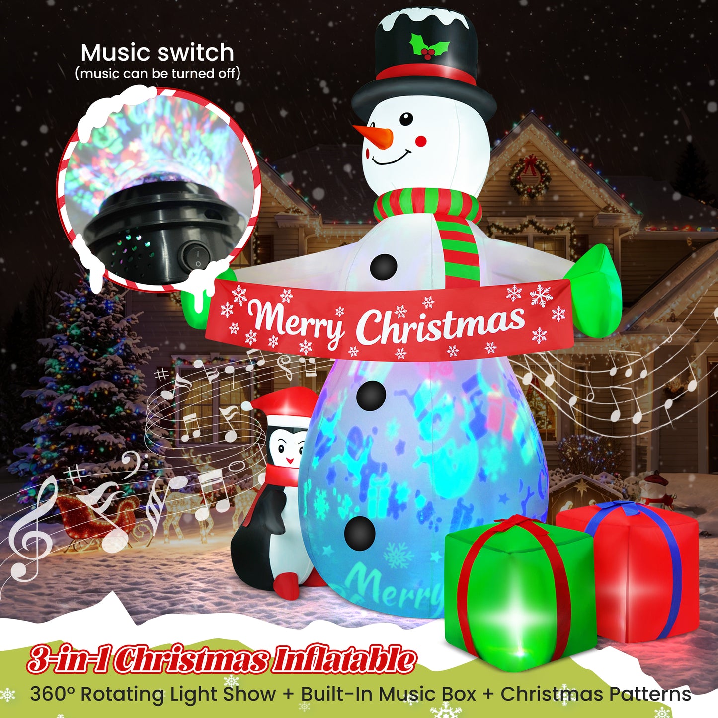 Yexmas 8FT Christmas Inflatable Snowman Blow Up Yard Decor with 360° Colorful Projection, Music On/Off, Penguin, Gift Boxes, Merry Christmas Banner for Outdoor Yard Decor