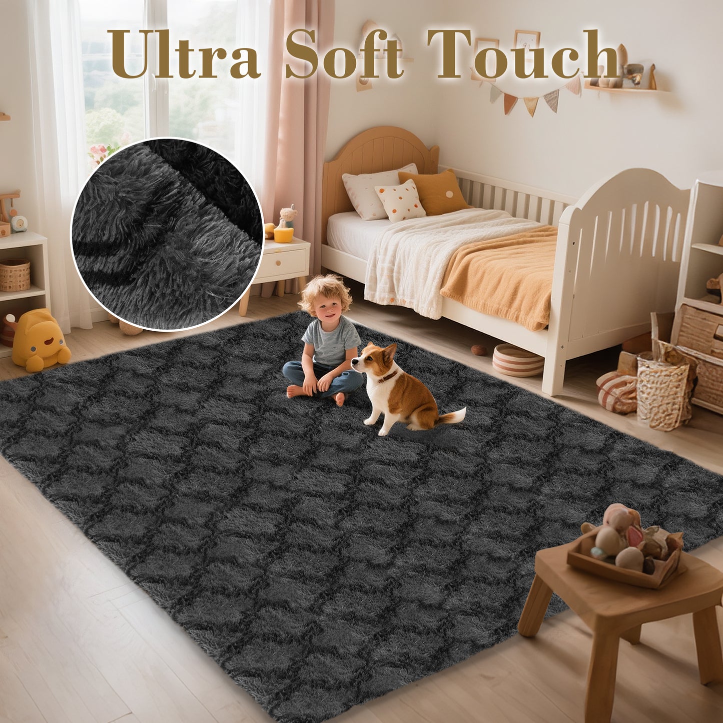 CozyDesg Area Rugs for Living Room，Black Rugs Shag Fluffy Shaggy Bedside Carpet, Large rug for Living Room Bedroom Dining Room Office Home Decor