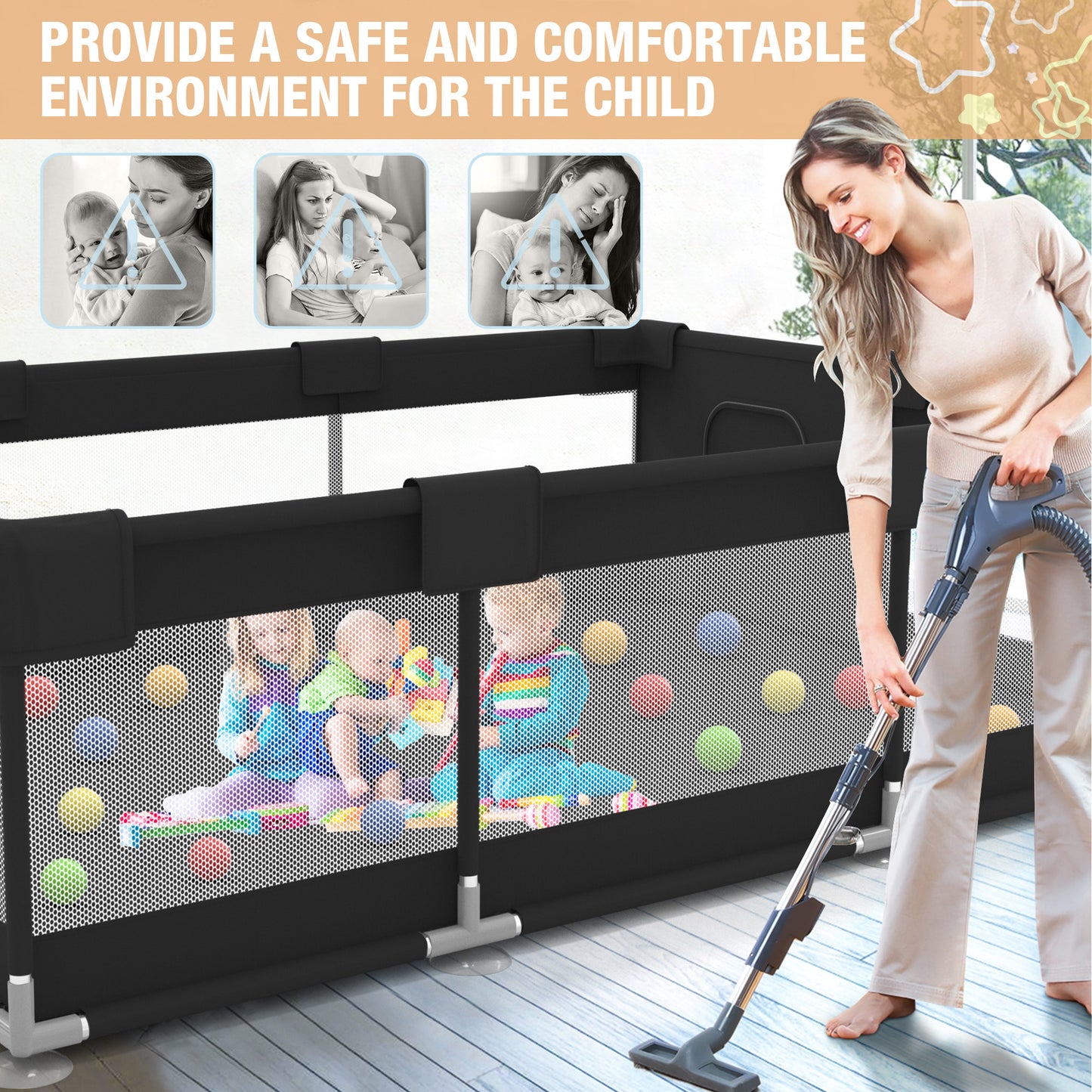 Babyeap Large Baby Playpen with Mat,71"x50"Playpen for Babies and Toddlers,Baby Play Yard Baby Fence Play Area Indoor Outdoor,Black