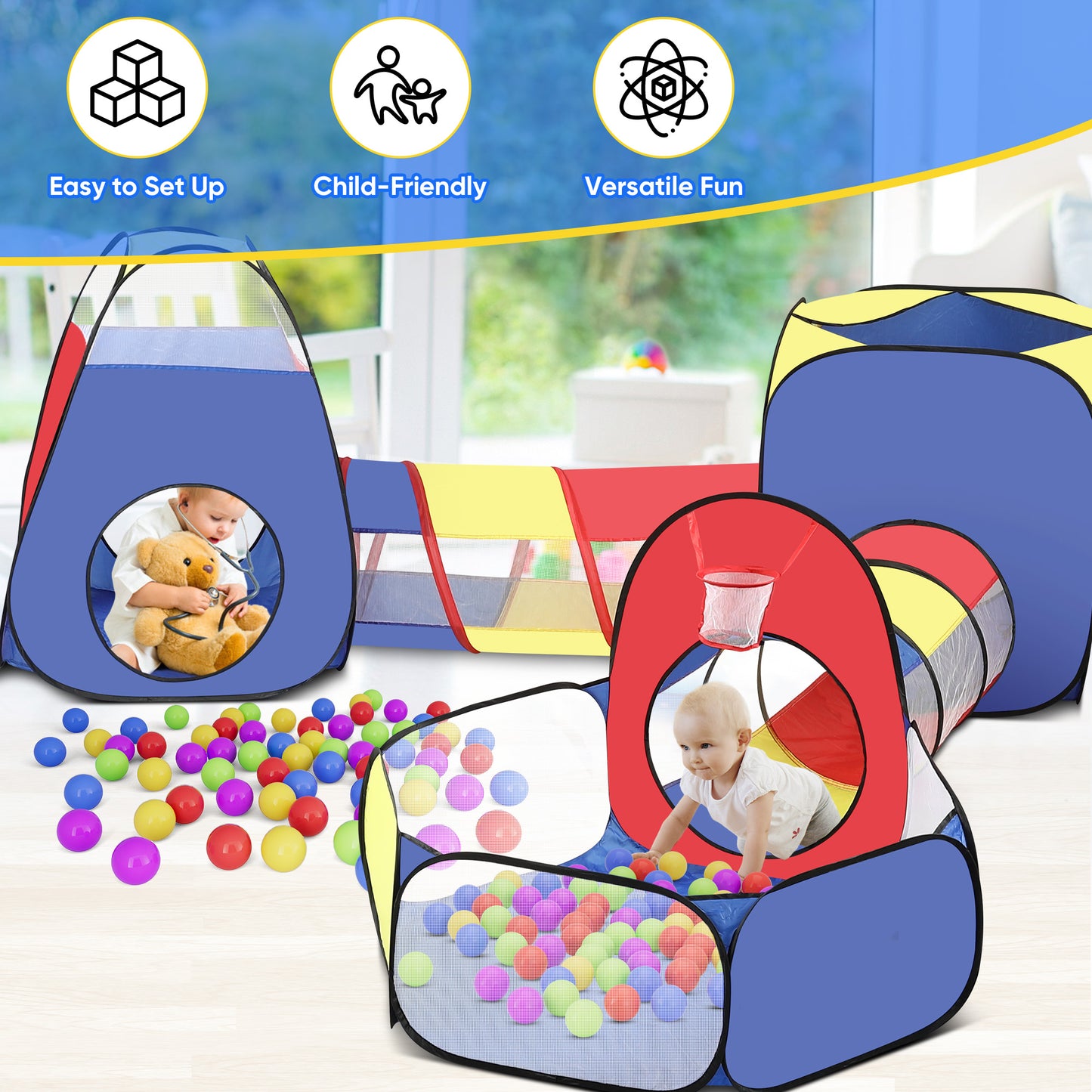 Yexmas 5 in 1 Kids Play Tent and Tunnels - Ball Pit for Toddlers, Basketball Hoop, 2 Crawl Tunnels, 2Pop-Up Playhouses Tent Set for Boys Girls Kids(No Ball)