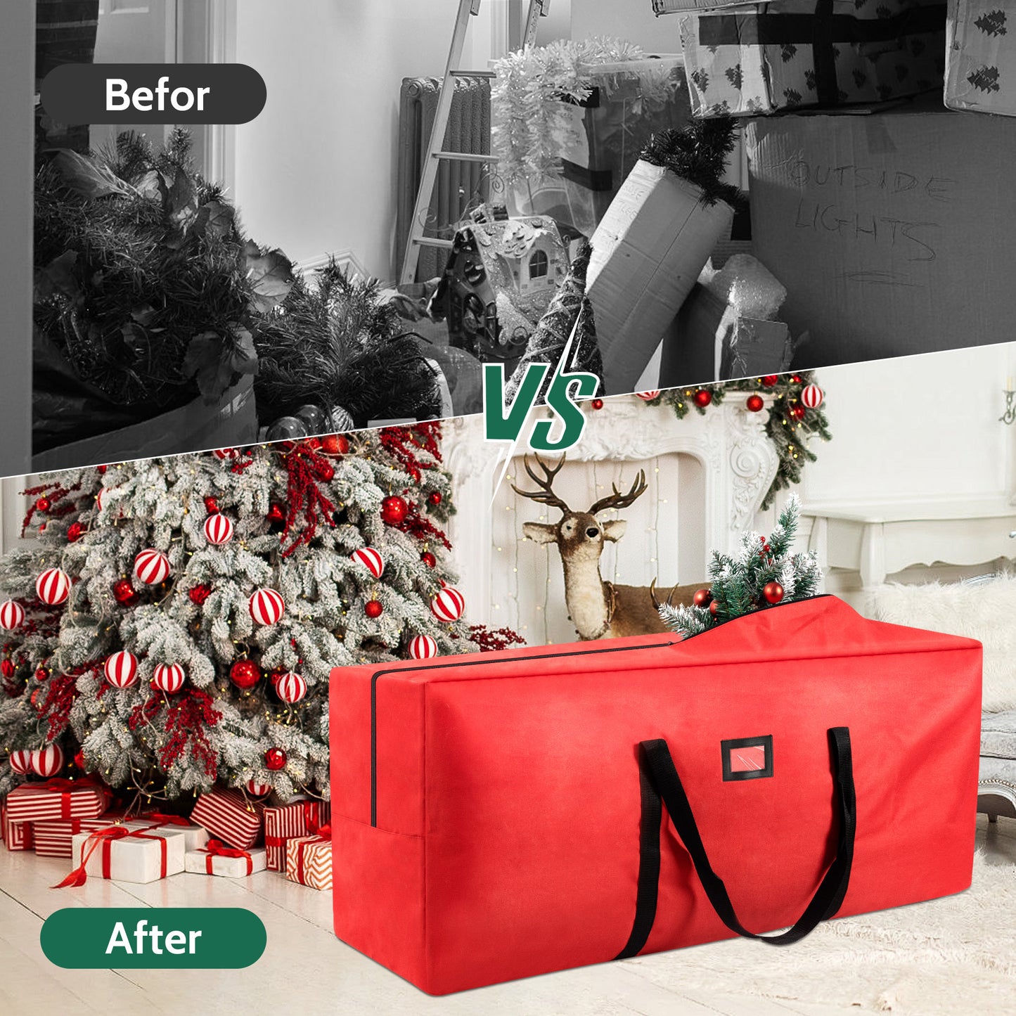 Yexmas 3 Pack Large Christmas Tree Storage Bag,Fits up to 7.5 ft Artificial Trees,Christmas Wreath Garland Storage Bag,Christmas Ornament Storage Box,Reinforced Handles & zipper,Red