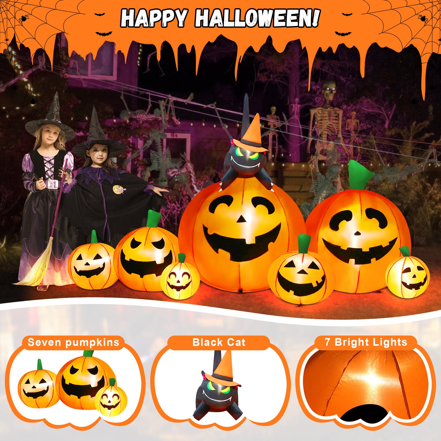 Yexmas 8FT Halloween Inflatables Outdoor Decorations Pumpkin,Halloween Blow Ups with Black Cat & 8 Built-in LED Lights for Halloween Party Yard Garden Lawn Decor