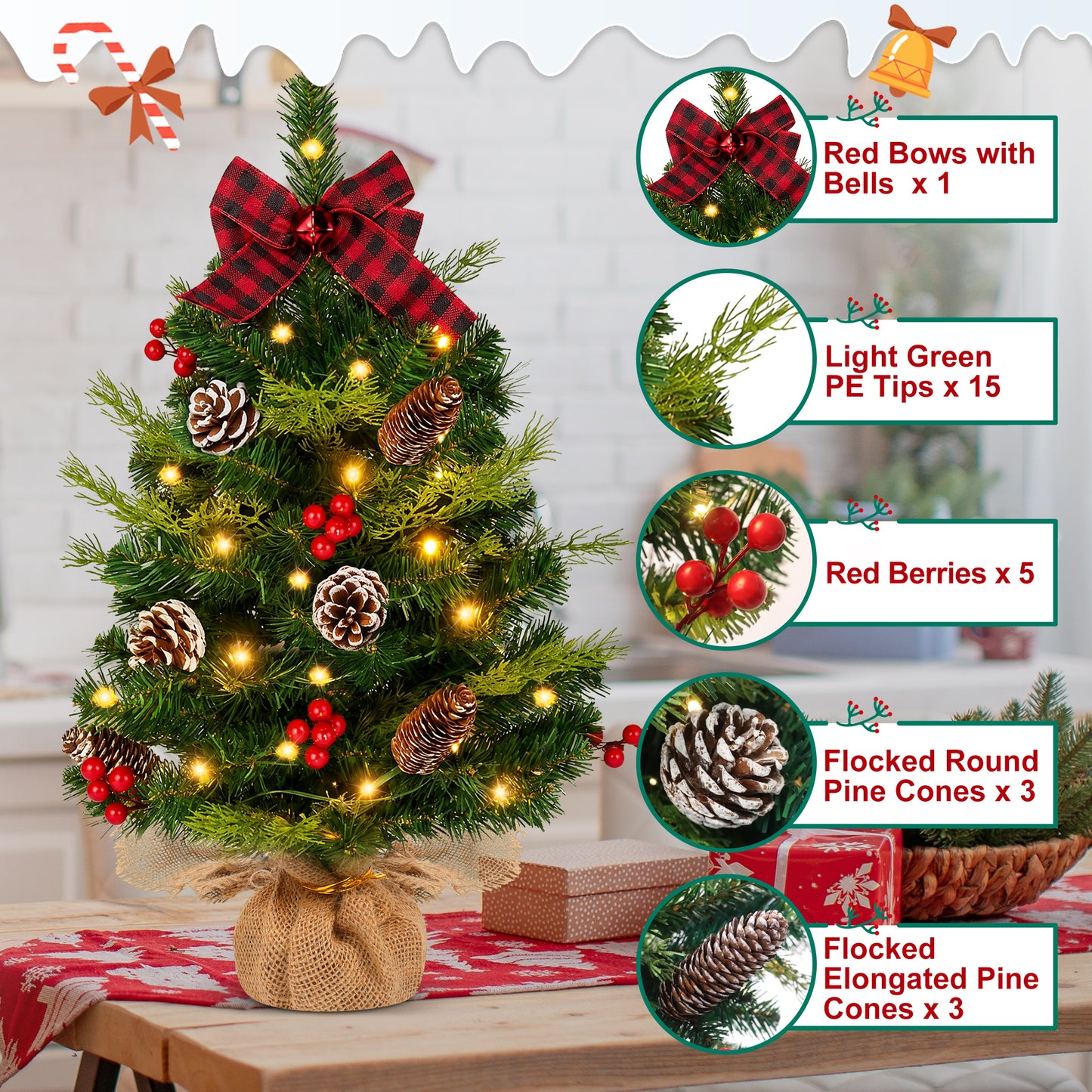 Yexmas 2PCS Pre-lit Artificial Mini Christmas Tree,24 Inch Small Tabletop Xmas Tree for Indoor Outdoor Christmas Decor
