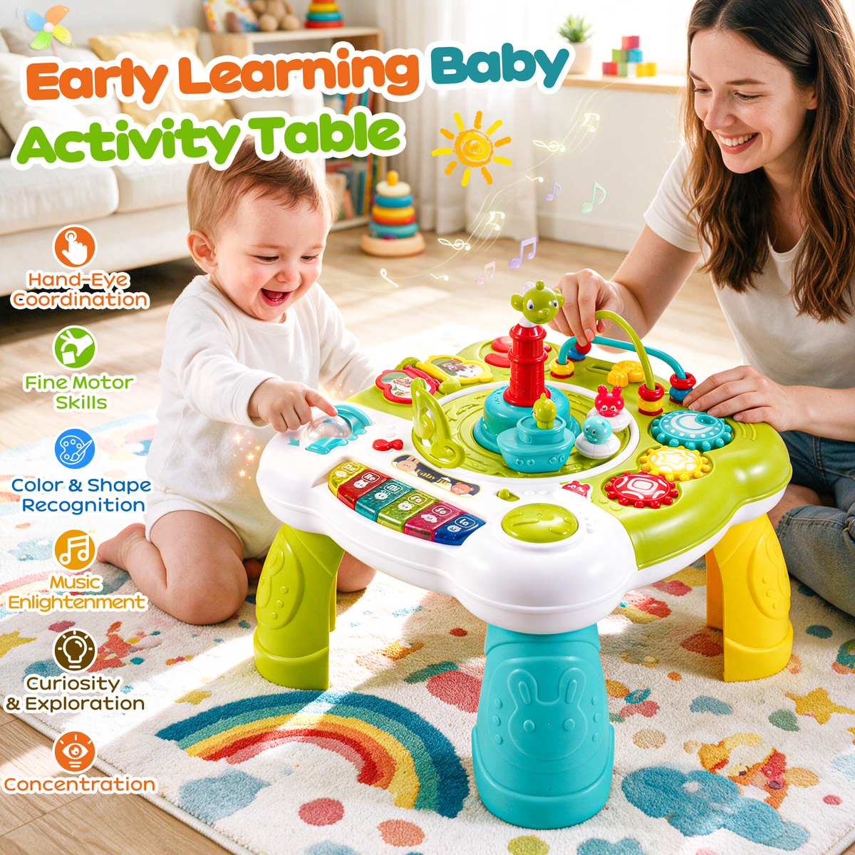 Yexmas 12-in-1 Baby Activity Table, Musical Learning Table for Toddlers, Baby Activity Center, Montessori Educational Interactive Toys with Lights and Music for Boys Girls Gifts