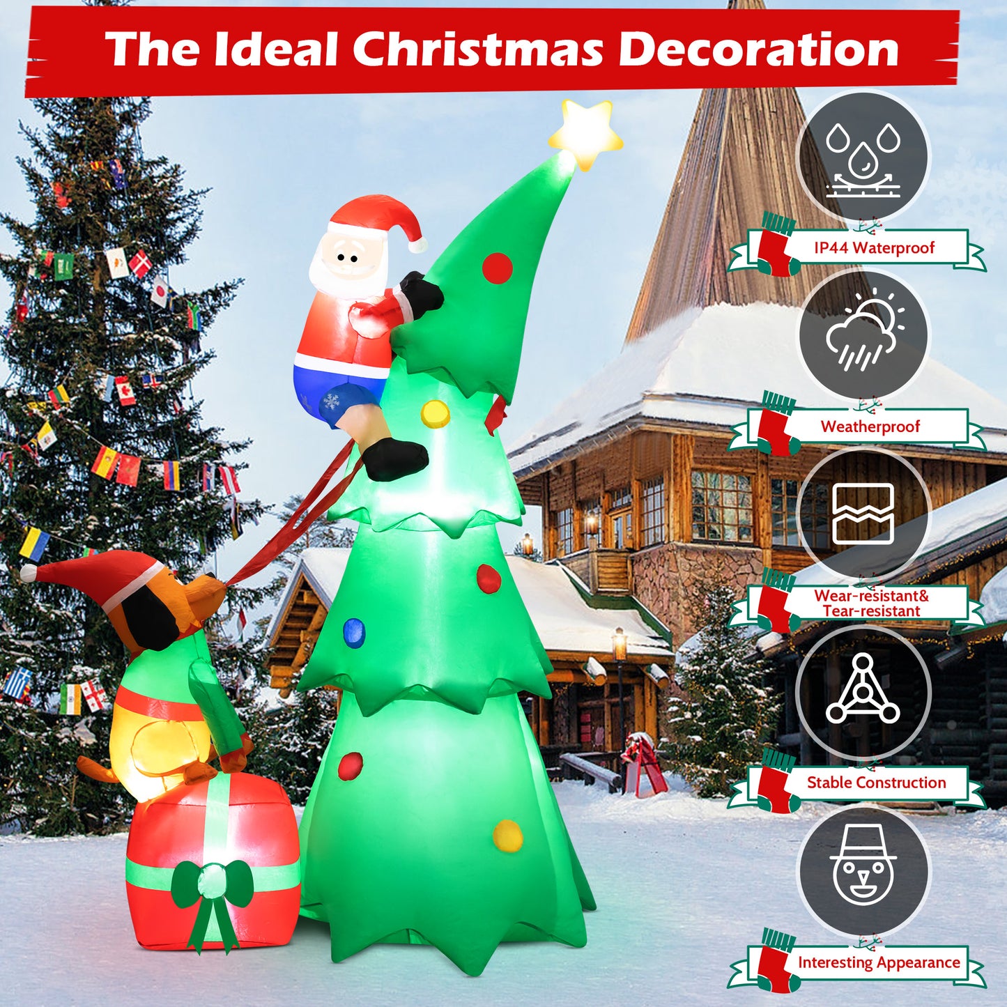 Lookfly 7.2FT Large Outdoor Inflatable Christmas Tree with Santa Claus and Dog,Built-in LED Lights,Fun Blow Up Xmas Decor Suitable for Yard,Garden,Lawn