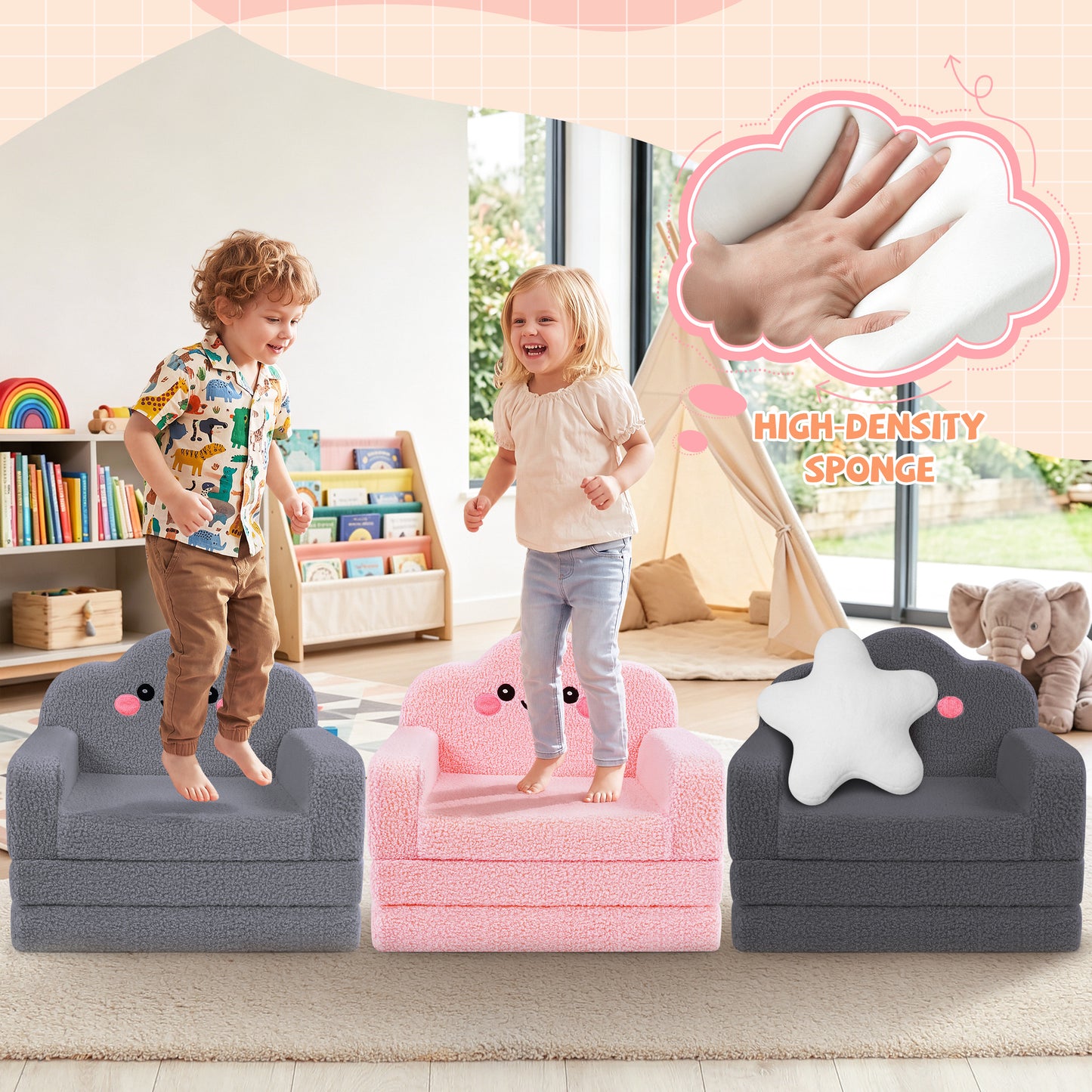 babyeap 2-in-1 Kids Sofa,Fold Out Toddler Couch with Star Pillow,Soft Convertible Kids Chair for Girls and Boys,Pink