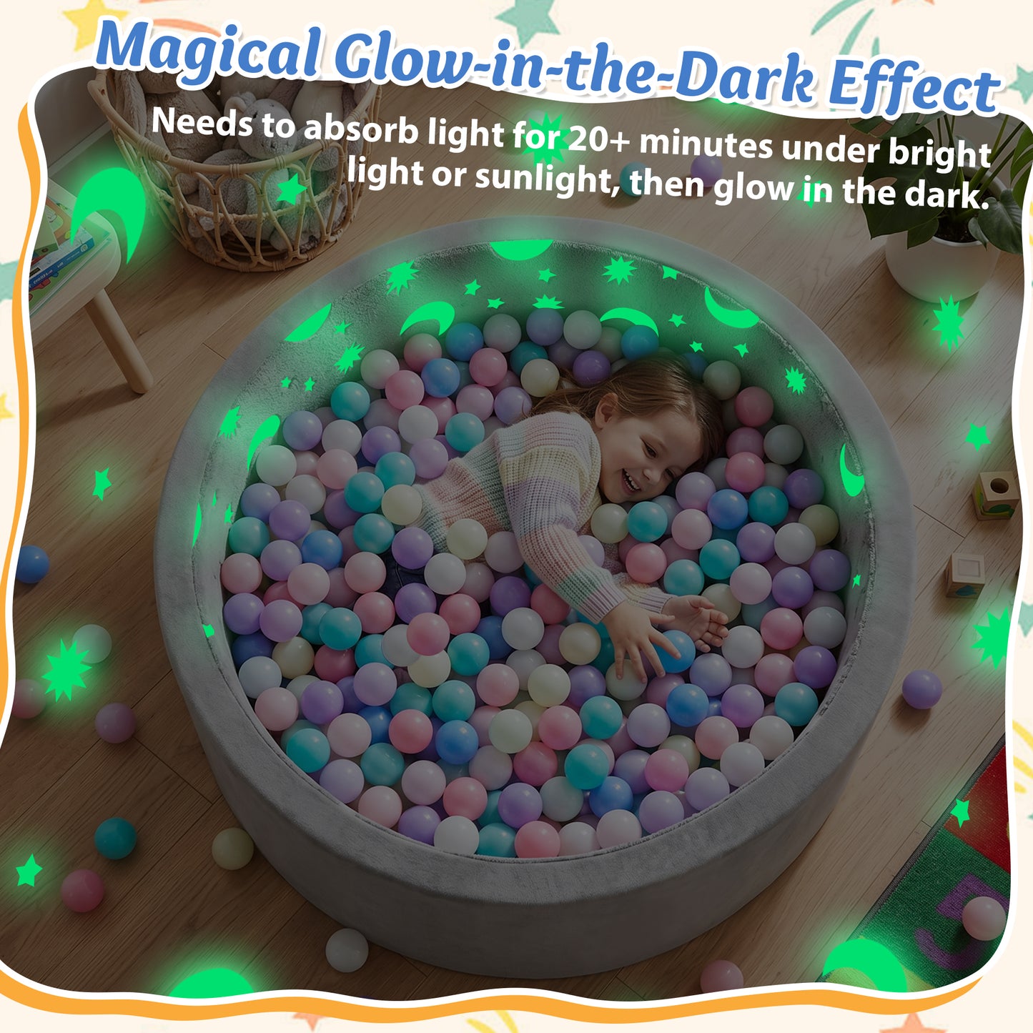 babyeap Ball Pit with 65 Balls,Glowing Foam Ball Pit for Toddlers,Large Soft Baby Playpen Ball Pool for Indoor & Outdoor Play,Round Kids Play Pit,Gray