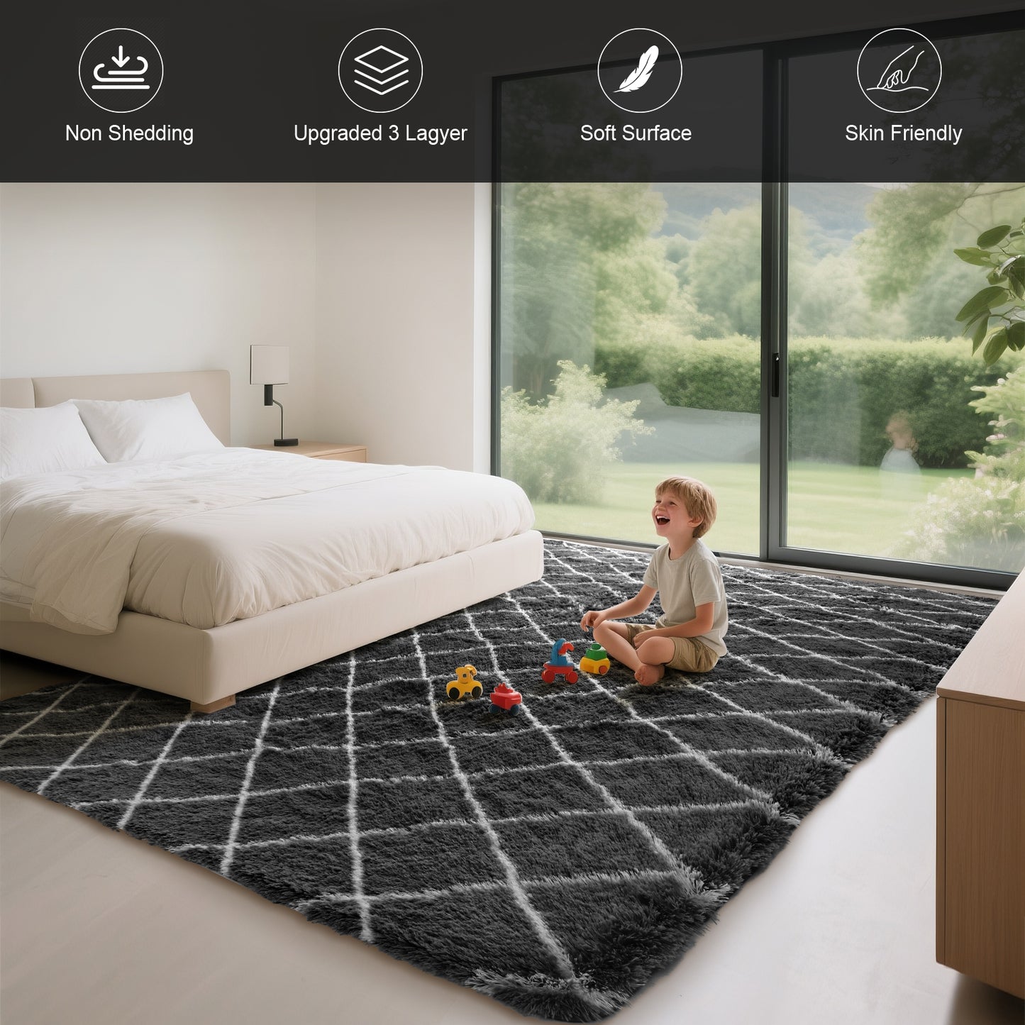 CozyDesg Shag Area Rugs,4'x6' Soft Fluffy Shaggy Carpet for Living Room,Large Rug for Bedroom Dining Room Home Decor Room Decor,Black & White