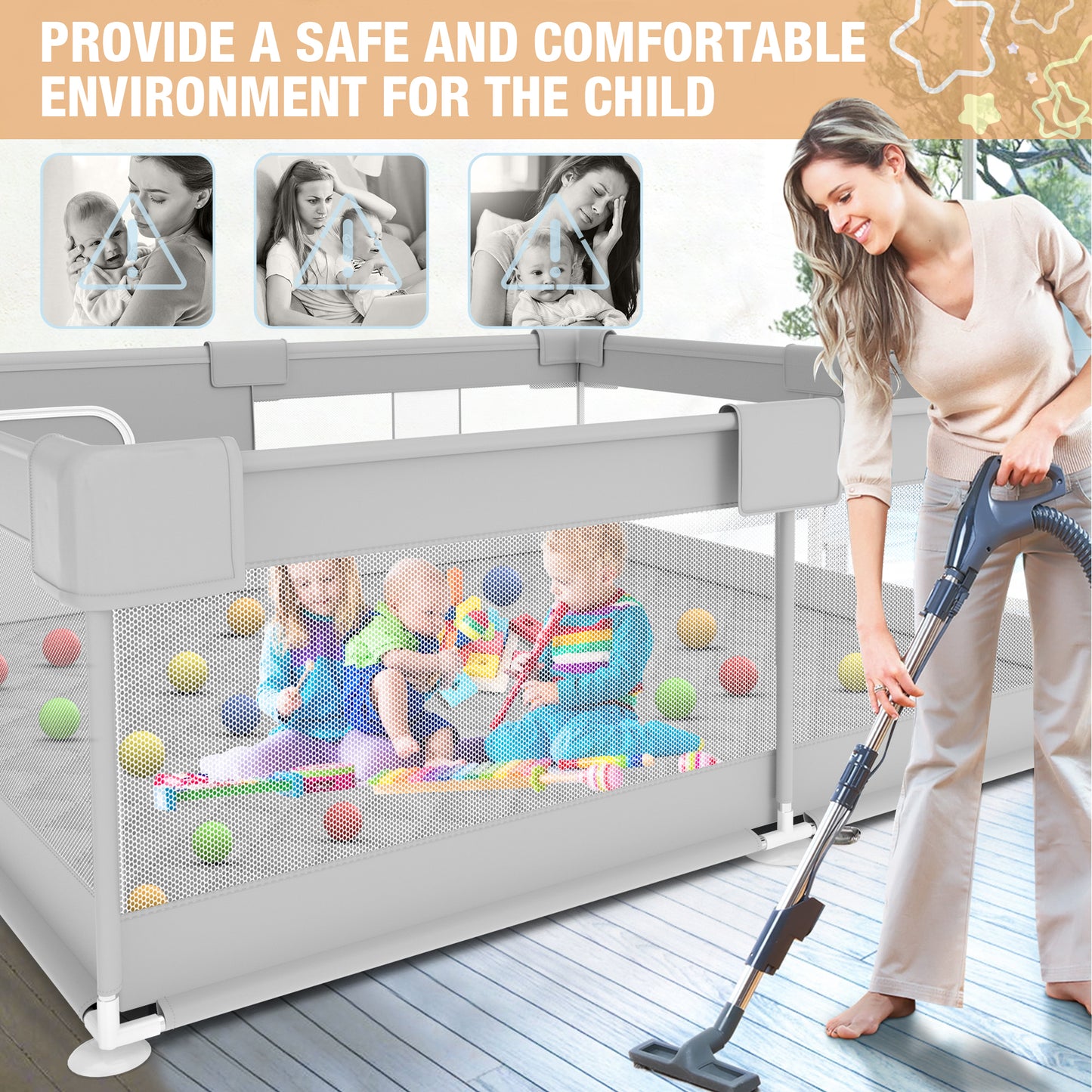 Babyeap Baby Playpen With Mat,50"x50"Play Pen for Babies and Toddlers,Play Yard With Gate for Indoor Outdoor,Light Gray