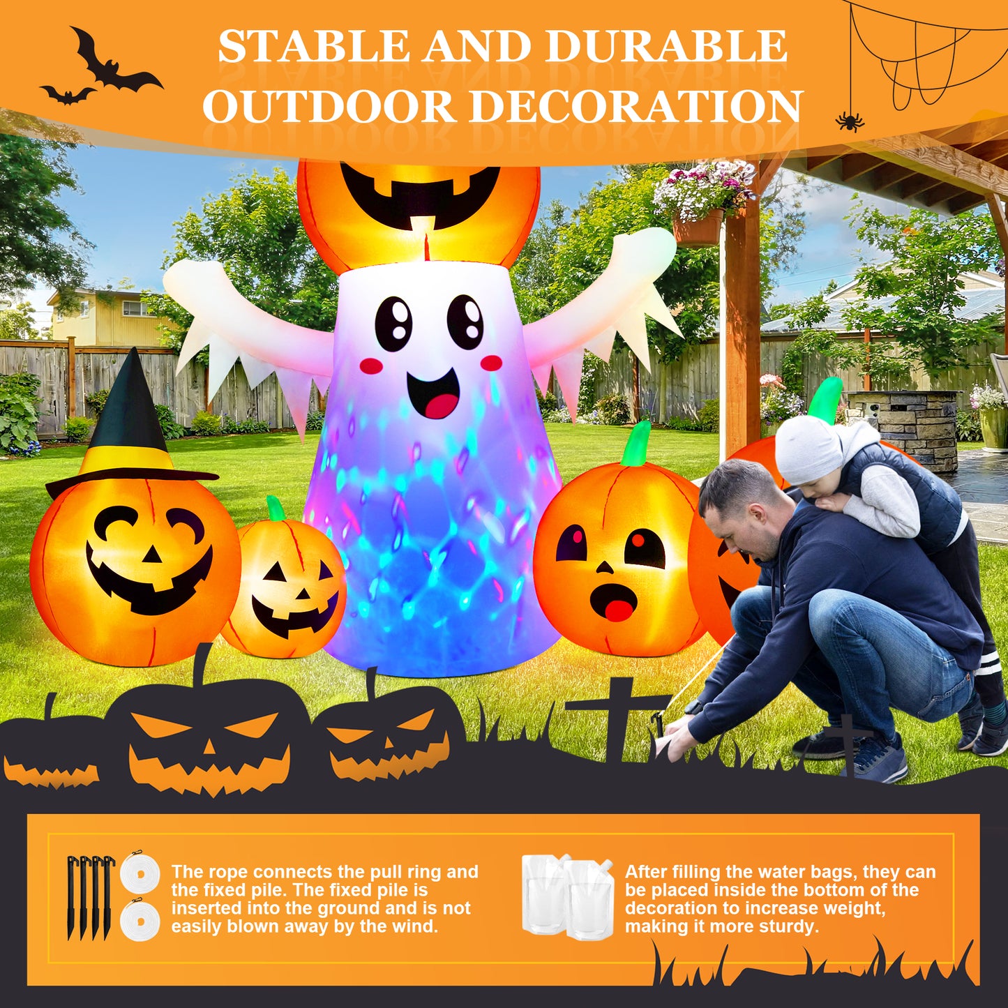 Yexmas 9.4ft Halloween Inflatable Pumpkins Outdoor Decor with Black Cat Tombstone and Spectre,Built-in LED Lights,for Halloween Party,Yard,Garden,Lawn