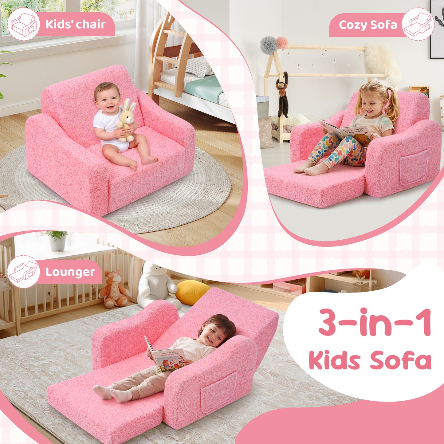 Babyeap 3-in-1 Kids Sofa,Toddler Sofa Bed Fold Out,Comfy Kids Couch,Convertible Baby Chair for Girls and Boys,Pink