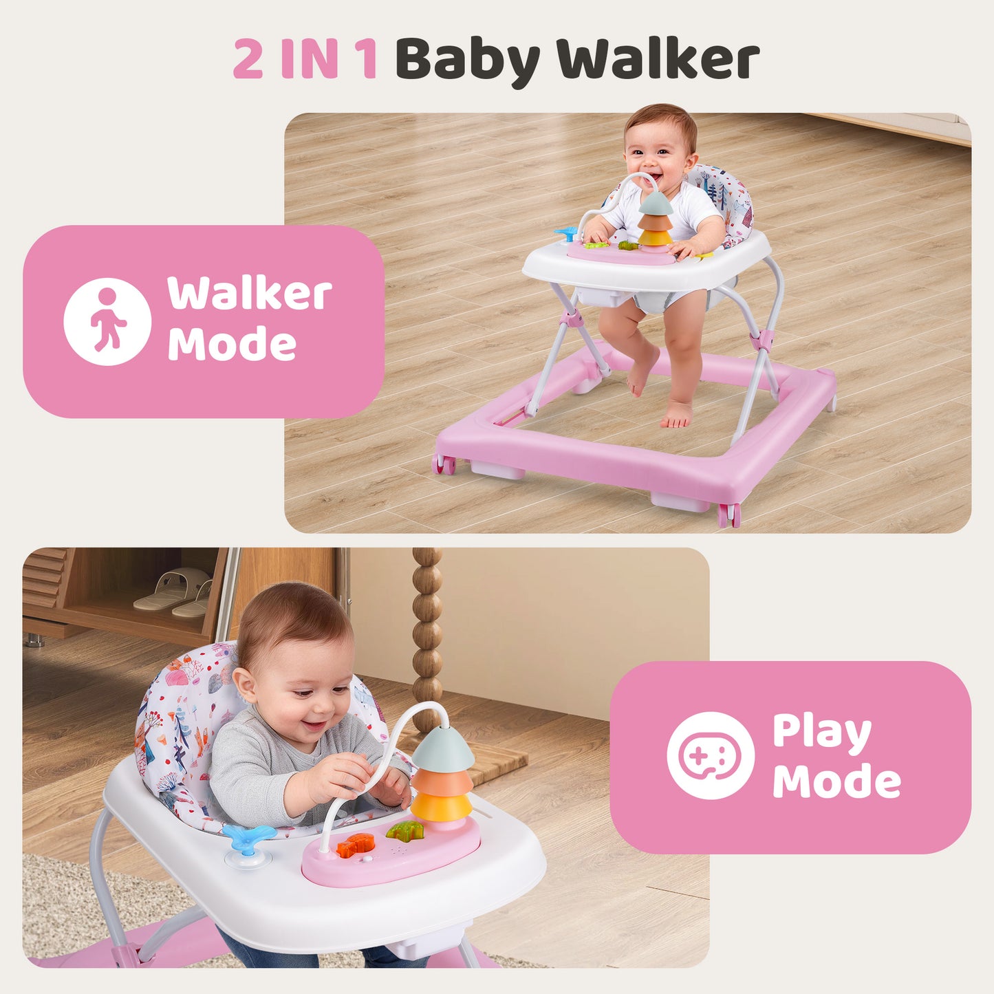 Babyeap Baby Walker,Foldable Baby Activity Walker with Wheels,Toddler Activity Centers,Removable Toys,Ages 6 Months +,Pink