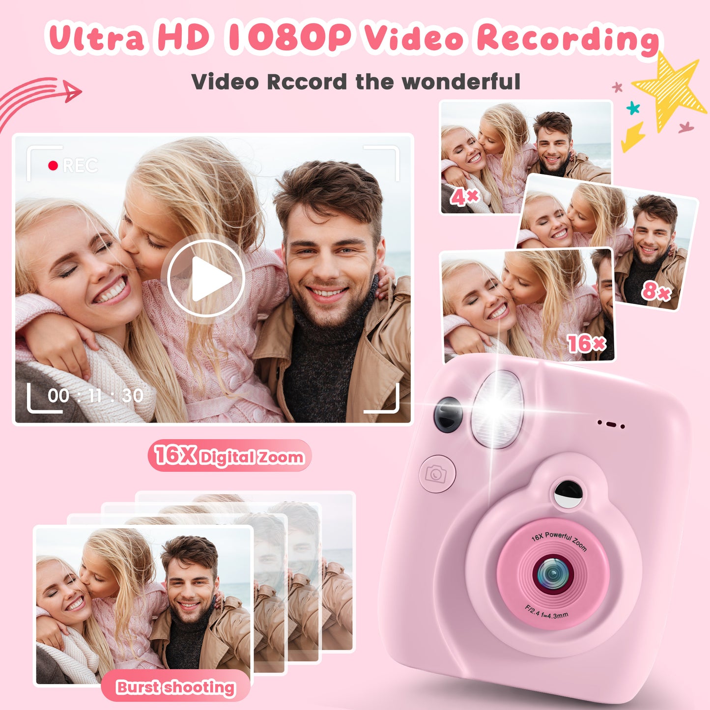Yexmas Instant Print Toys Camera for Kids, 1080P HD Camera with 32GB SD Card, 3 Paper Rolls, Color Pens & Lanyard, Pink