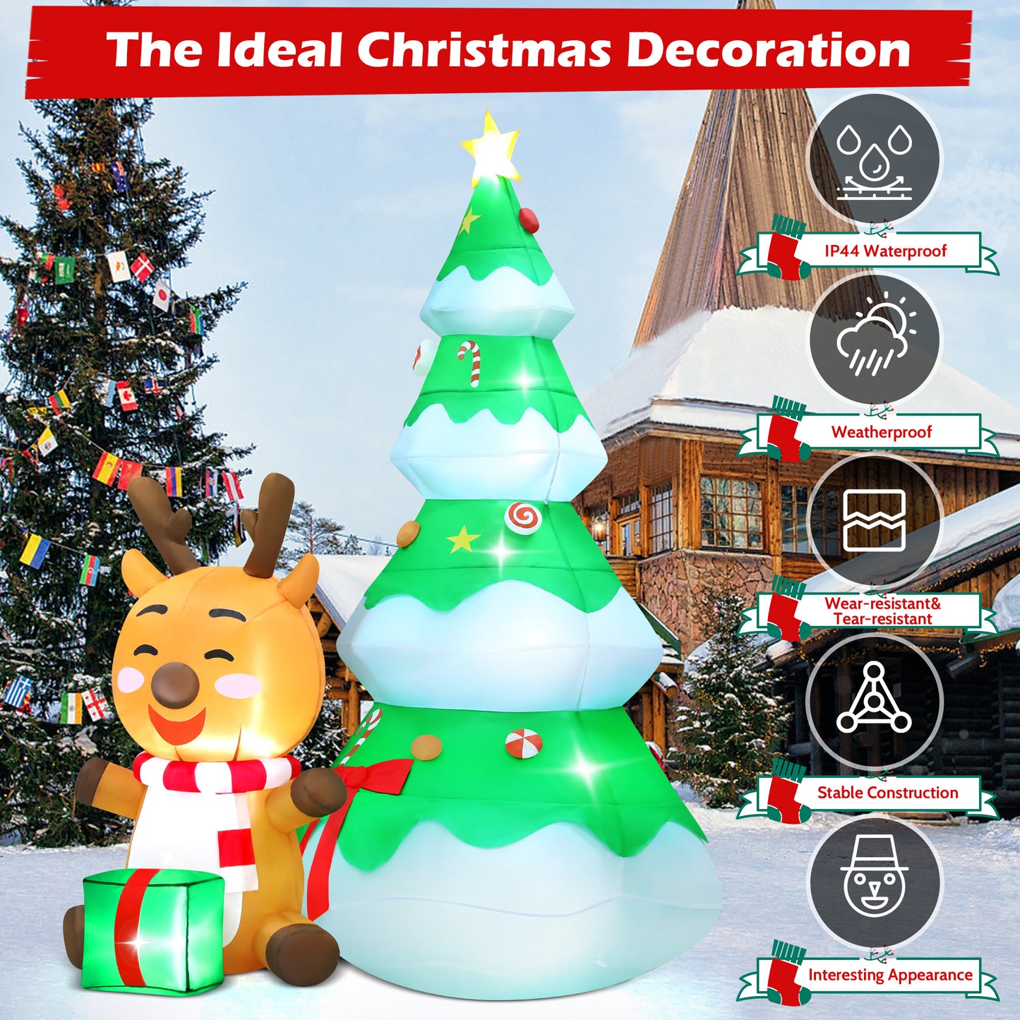 Lookfly 5.5 FT Large Outdoor Inflatable Christmas Tree with Santa Claus and Deer,Built-in LED Lights,Fun Blow Up Xmas Decor Suitable for Yard,Garden,Lawn