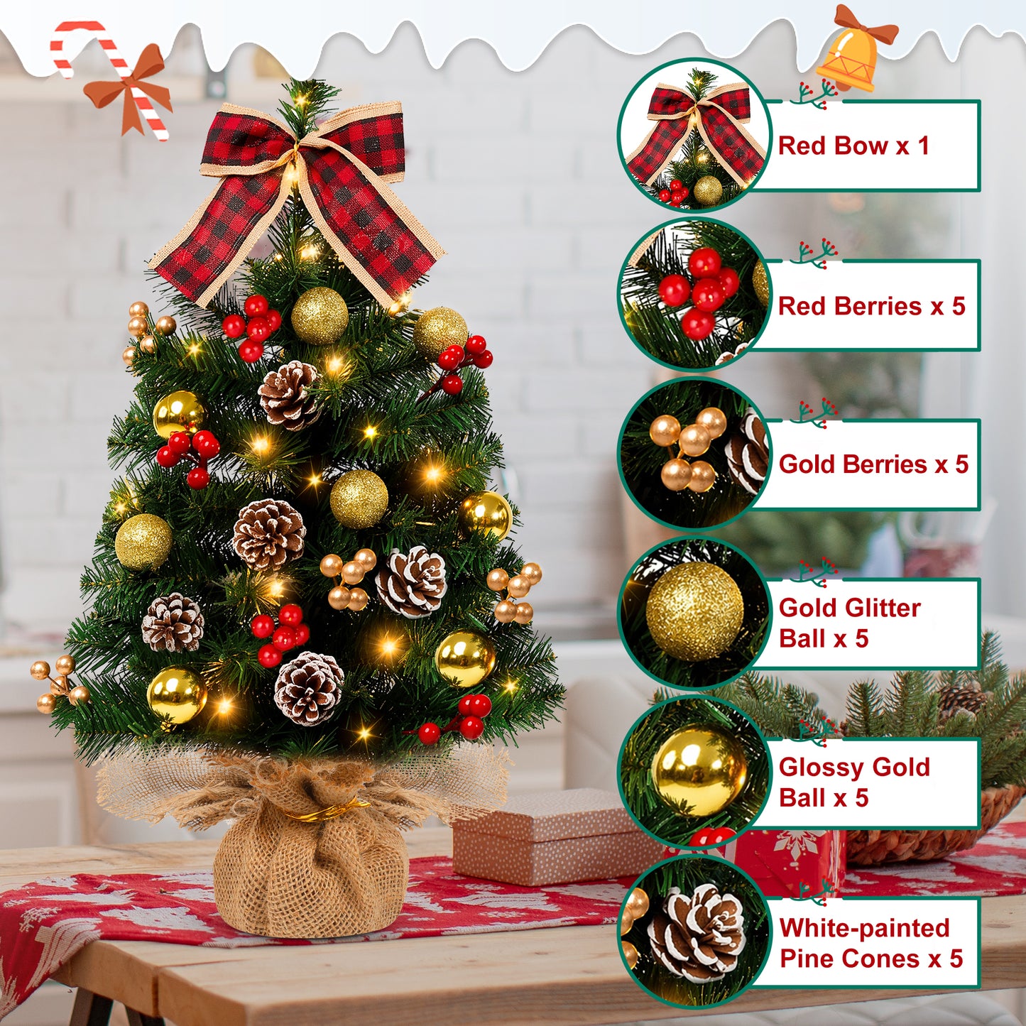 Yexmas 2PCS Pre-lit Artificial Mini Christmas Tree,24 Inch Small Tabletop Xmas Tree for Indoor Outdoor Christmas Decor
