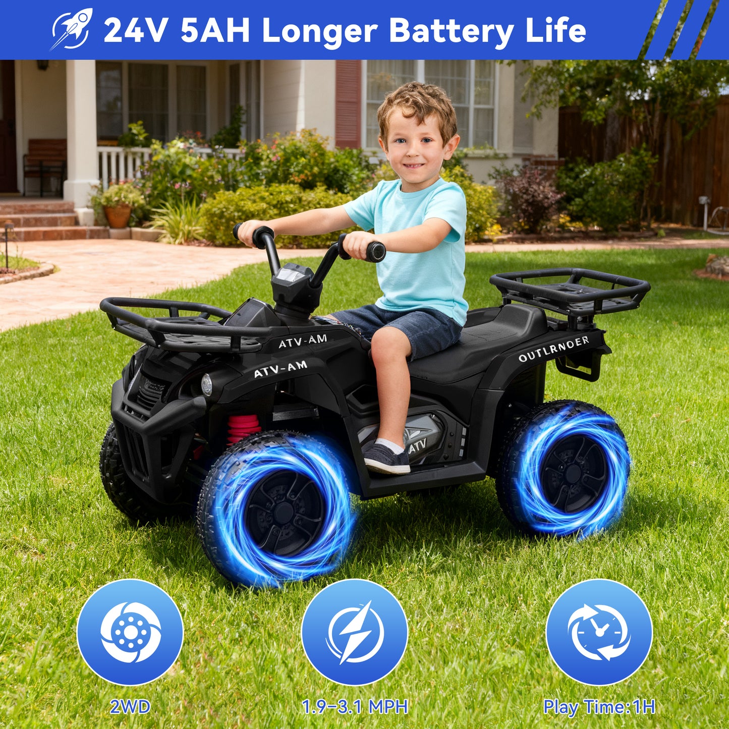 Yexmas 24V Kids ATV,Electric ATV for Kids 4 Wheelers Quad Car Toy, Ride On Toy Car As Gift for Kids,Black