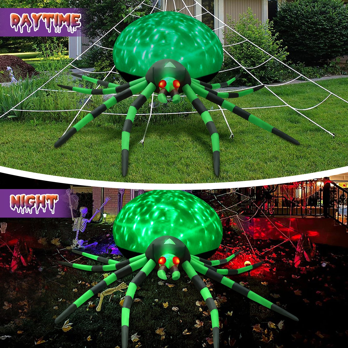 8FT Halloween Inflatables Outdoor Decorations Giant Spider Decorations with LED Lights and Air Pump Blow up Inflatable Green