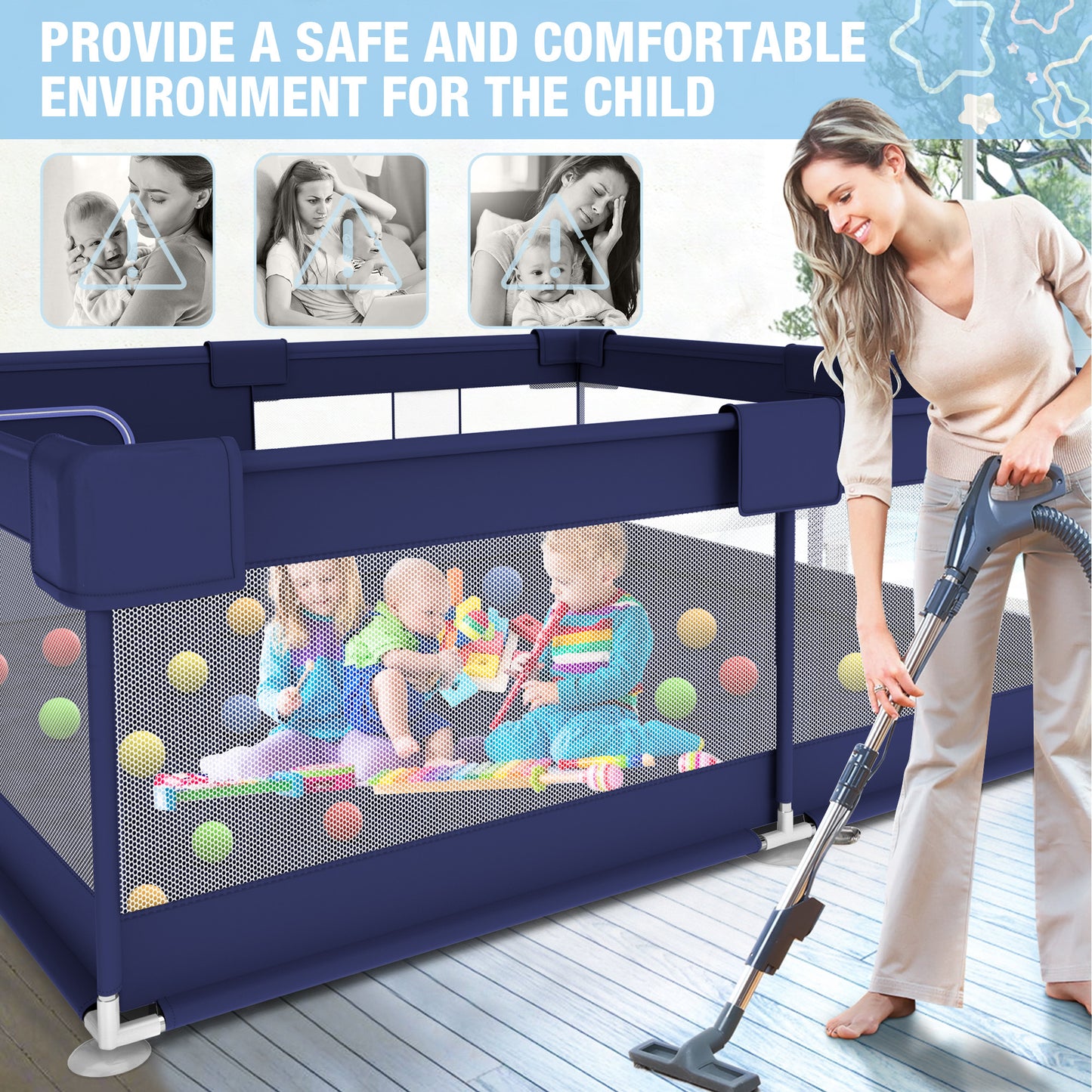 Babyeap Baby Playpen With Mat,50"x50"Play Pen for Babies and Toddlers,Play Yard With Gate for Indoor Outdoor,Navy Blue