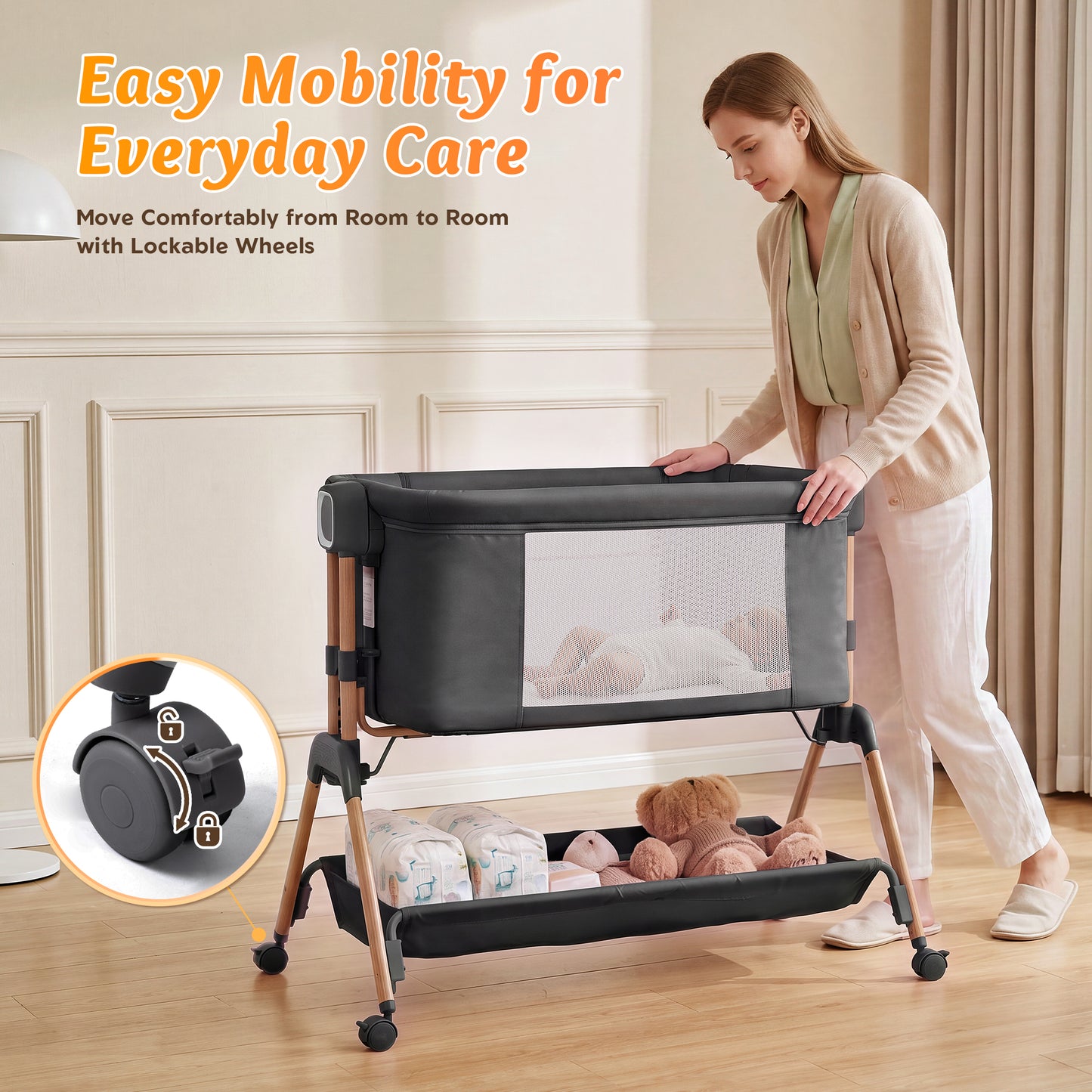 Babyeap 3-in-1 Baby Bassinet, Adjustable Bedside Sleeper with Gentle Rocking Motion, Storage Basket and Wheels for Infants, Gray