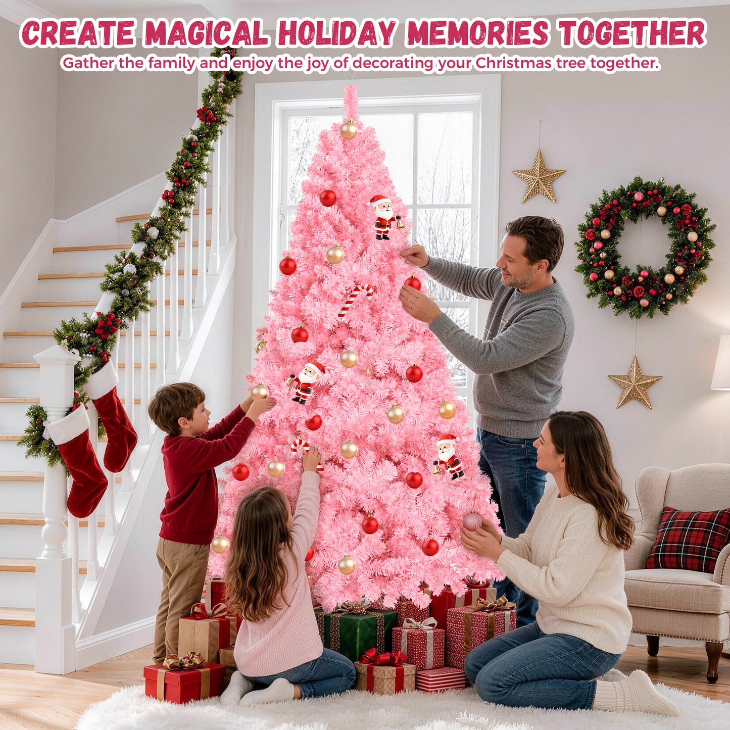 Yexmas 7.5ft Pre-Lit Pink Christmas Tree,Artificial Christmas Tree with 1600 PVC Branches,450 Multicolor Lights,Metal Hinges,Xmas Tree for Home,Holiday Party Decorations