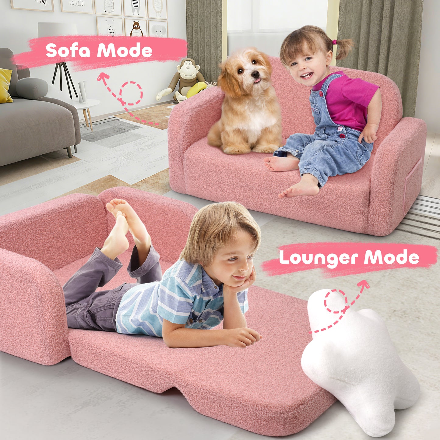 Babyeap Extra Wide Kids Chair,2-in-1 Convertible Toddler Chairs,Soft Comfy Kids Couch, Kids Sofa for Boys & Girls 3+,Pink