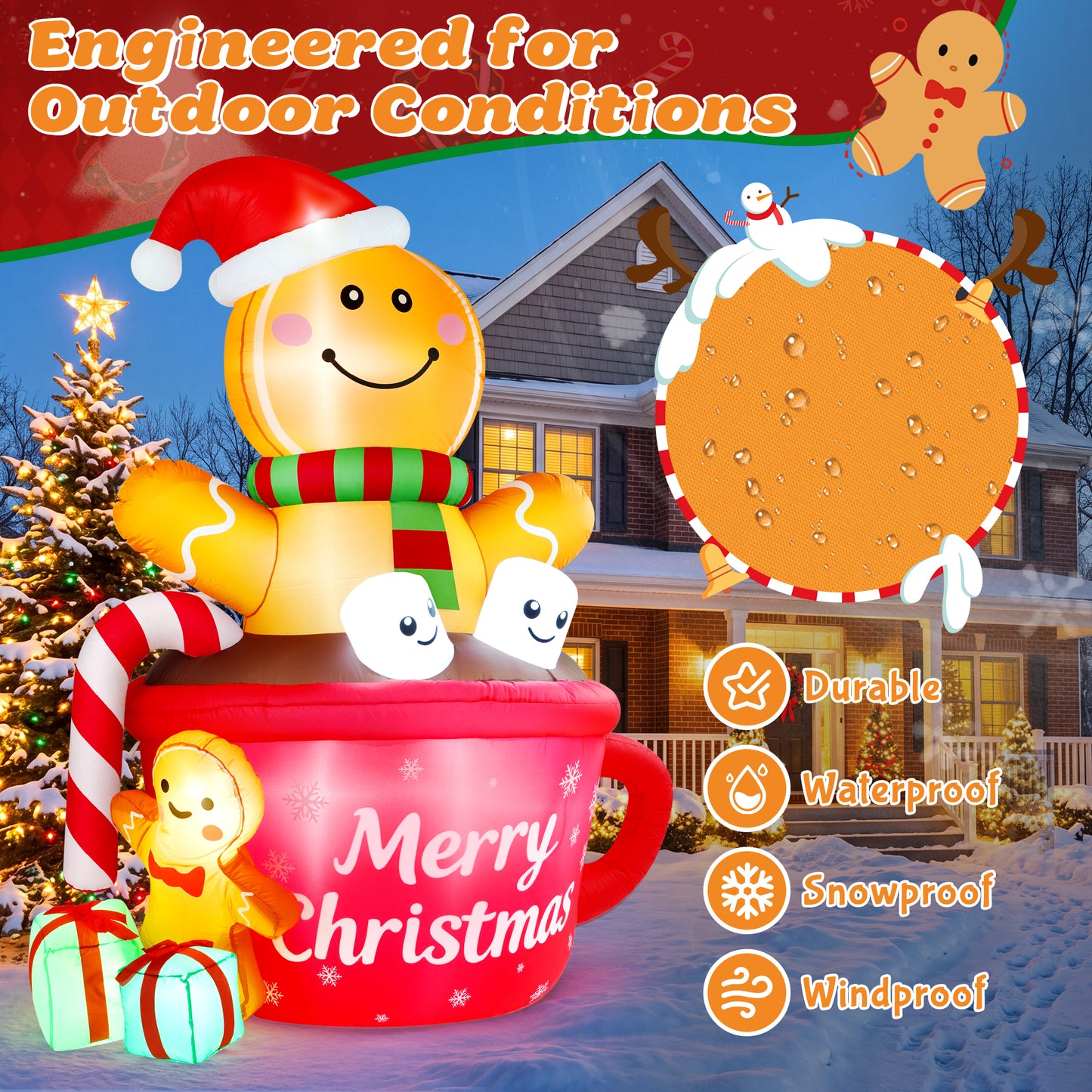 Yexmas 6FT Christmas Inflatable Gingerbread Man in Hot Cocoa Mug Blow Up Decor with LED Lights, Candy Cane, Marshmallows and Gift Box,  for Yard, Lawn,Garden