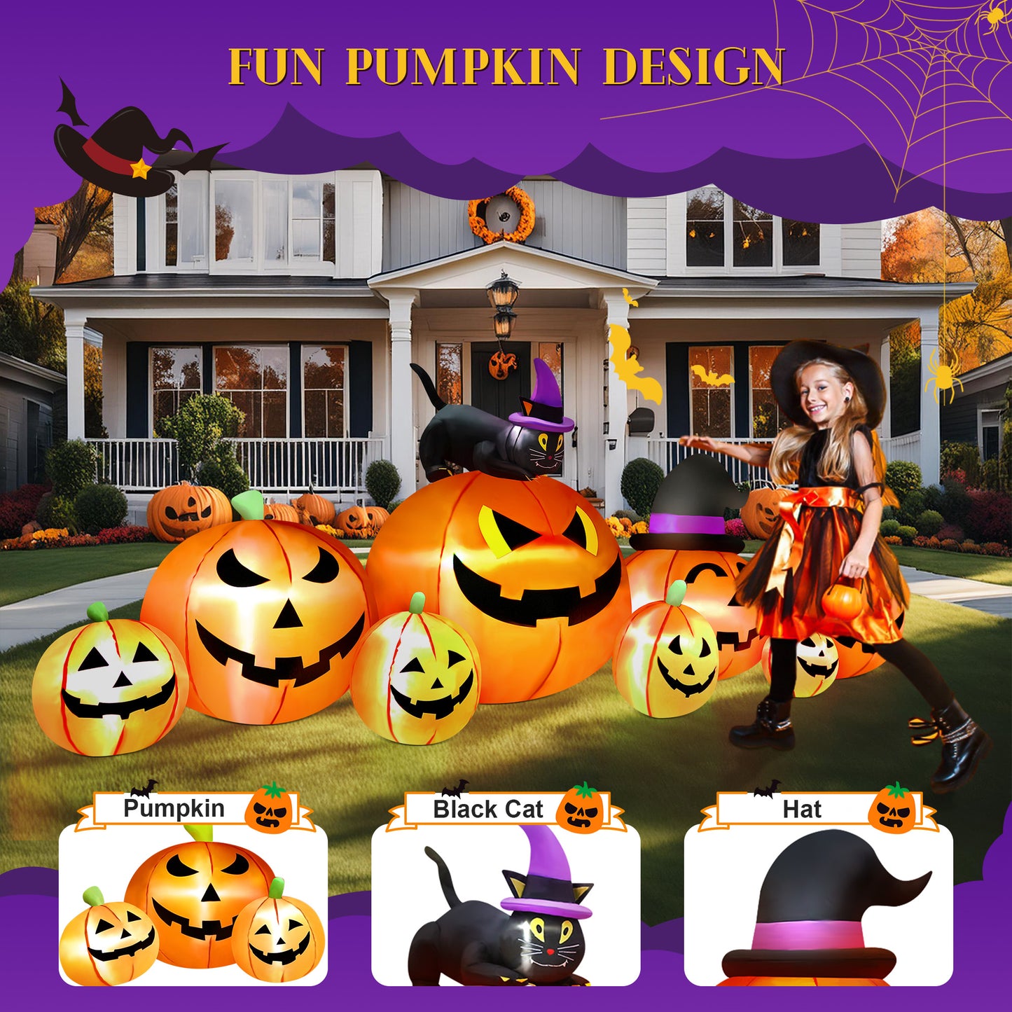 Yexmas 8.5FT Long Halloween Inflatables Pumpkin,8 Pumpkins Halloween Blow Ups with Black Cat & Witches Hat for Halloween Party Outdoor Yard Garden Lawn Decor
