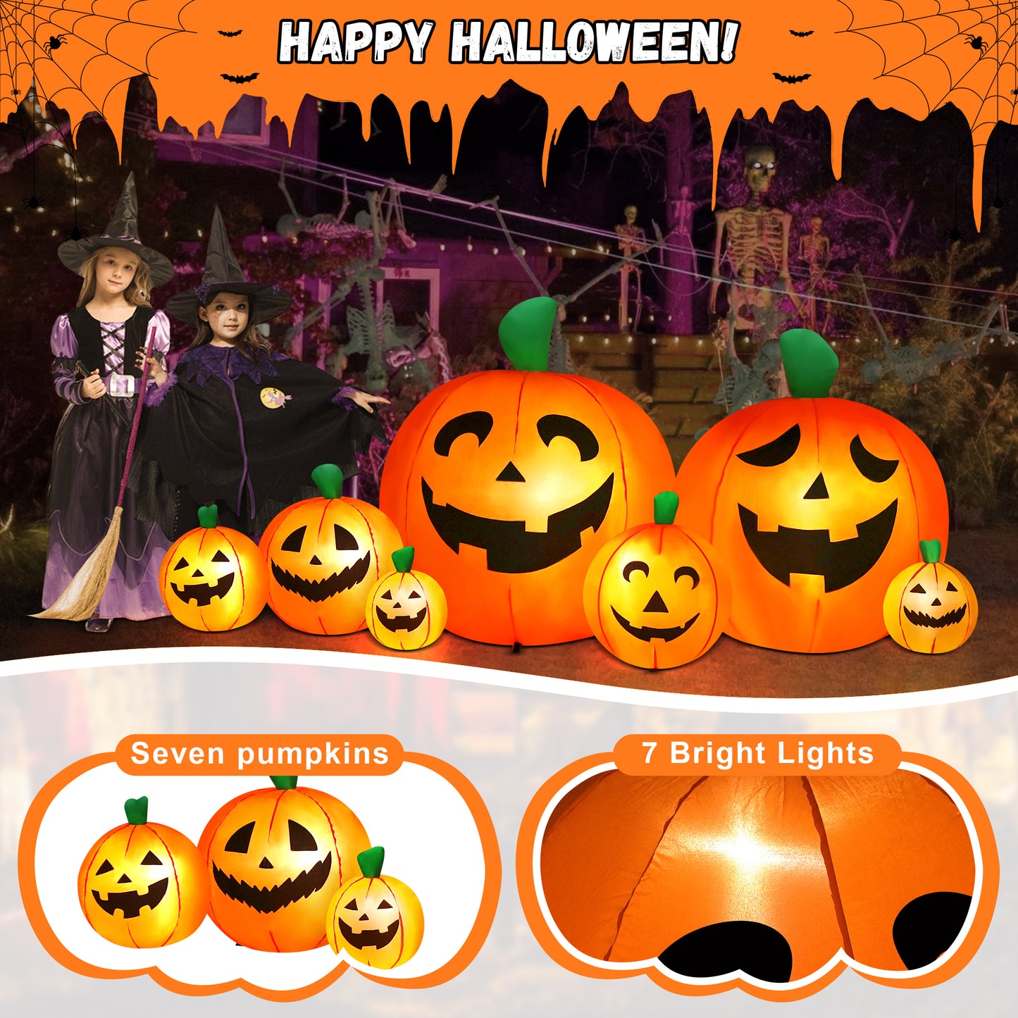Yexmas 8 FT Halloween Inflatables Pumpkin,7 Pumpkins Halloween Outdoor Decoration with Built-in LED Lights,Halloween Blow Ups for Yard, Lawn, Garden Decor