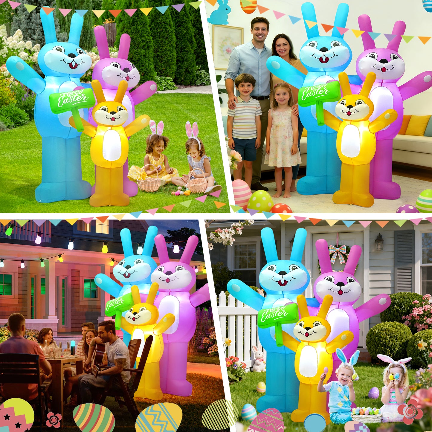 Yexmas 6FT Easter Inflatable Bunny Outdoor Decorations,Colorful Blow-Up Rabbit Family with Built-in LED Lights,Easter Decor for Yard Garden Lawn