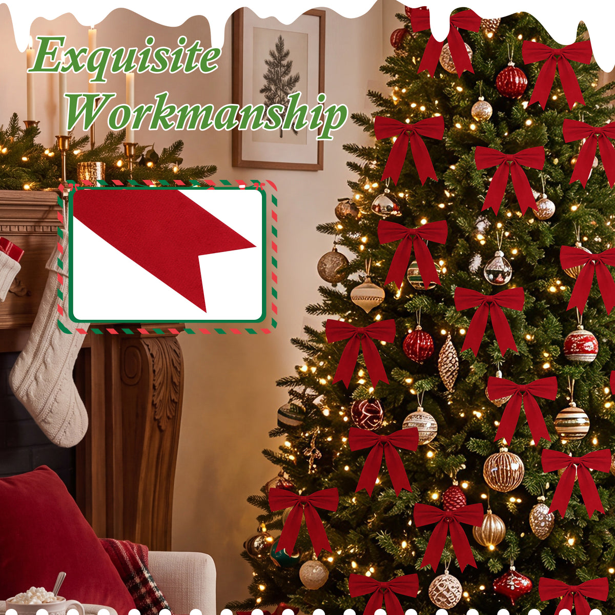 Yexmas 24pcs Burgundy Velvet Christmas Bows, Xmas Ribbon Bows Ornaments for Christmas Tree, Gift Wrapping,Crafts,Party, Wreath Garland Holiday Decor