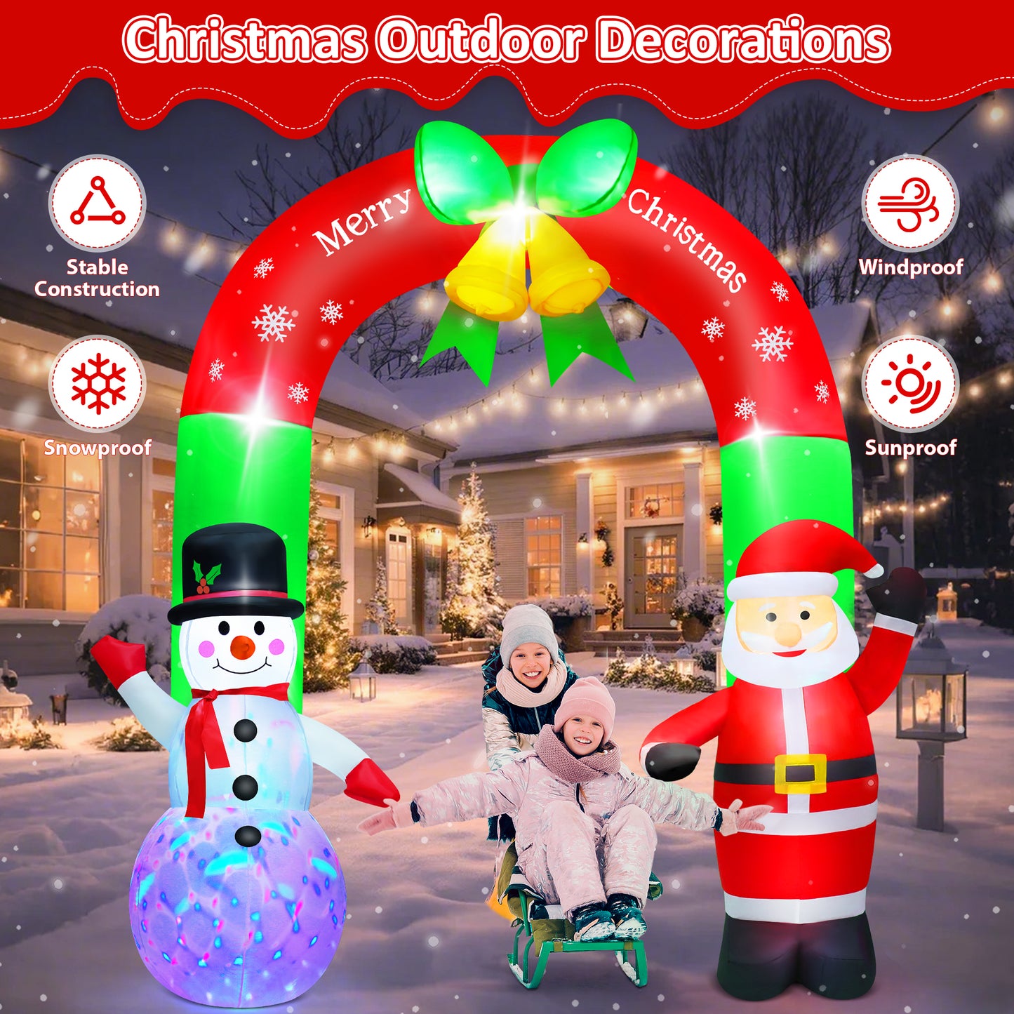 Yexmas 8FT Christmas Inflatable Archway,Christmas Blow Up Yard Decorations with Santa Claus and Snowman,Outdoor Christmas Decorations with Bow LED Lights