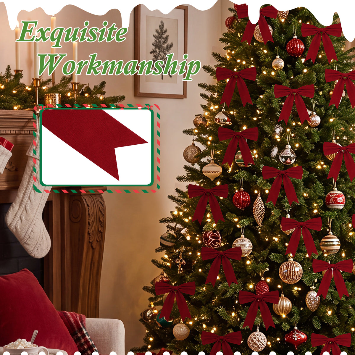 Yexmas 24pcs Burgundy Velvet Christmas Bows, Xmas Ribbon Bows Ornaments for Christmas Tree, Gift Wrapping,Crafts,Party, Wreath Garland Holiday Decor
