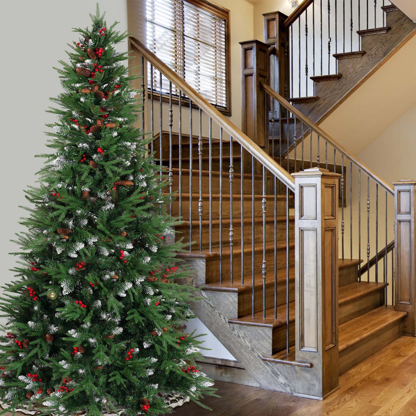 Yexmas 7.5ft Pre-Lit Artificial Christmas Trees,Green Xmas Tree with Large Christmas Tree Storage Bag,Pinecones, Berries, Realistic Artificial Christmas Trees for Home, Office, Party Decoration