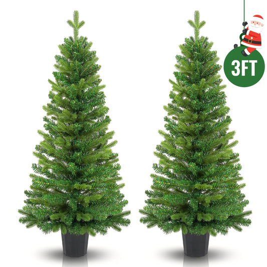 Yexmas 2-Pack 3FT Potted Christmas Trees, Artificial Potted Trees with Mixed PE & PVC, Small Potted Xmas Trees for Front Porch, Entryway Indoor Outdoor Decor