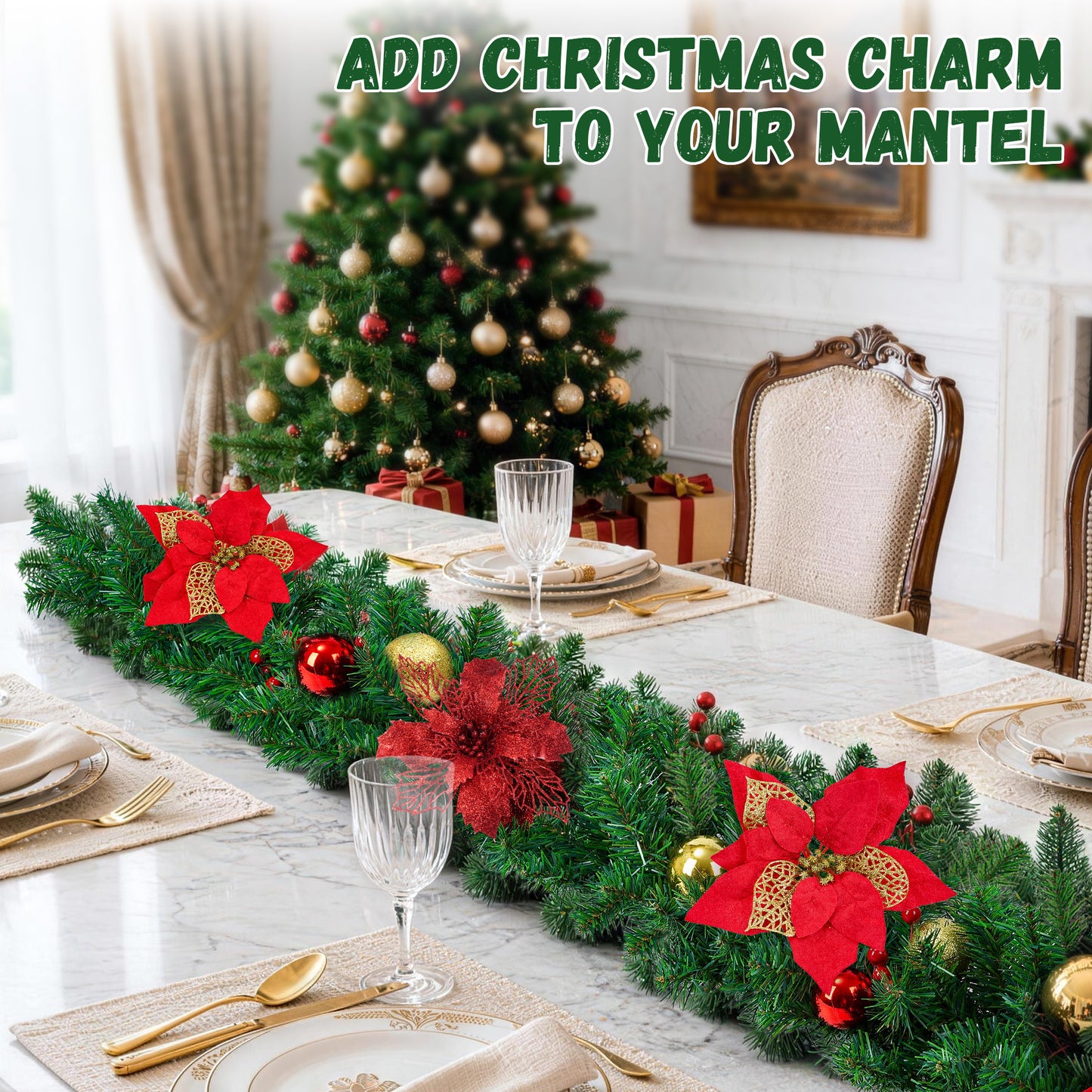 Yexmas 9FT Pre-Lit Christmas Garland with LED Lights,Decorated with Red Poinsettias,Berries and Ball Ornaments,Battery Operated Xmas Garland for Mantel,Stair,Door