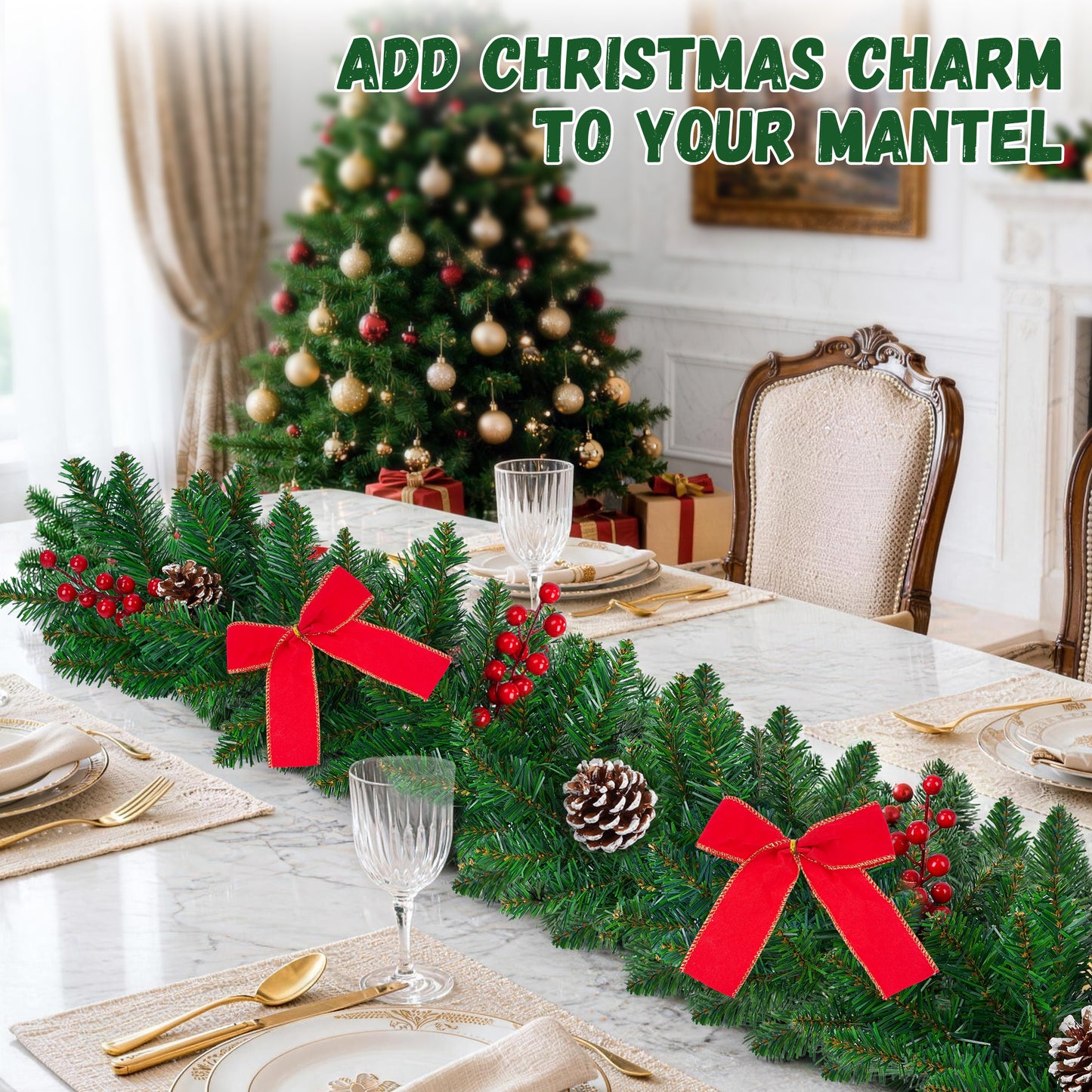 Yexmas 9FT Pre-Lit Christmas Garland with LED Lights, Decorated with Bows, Pinecones and Berry Clusters, Battery Operated Xmas Garland for Mantel, Stair, Door
