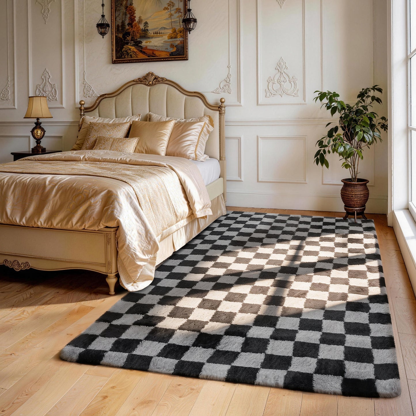 CozyDesg Shag Area Rugs,5'x8'/8' x 10' Soft Fluffy Floor Rugs Checkered Carpet，Washable Area Rugs for Living Room Bedroom Decor,Beige & White