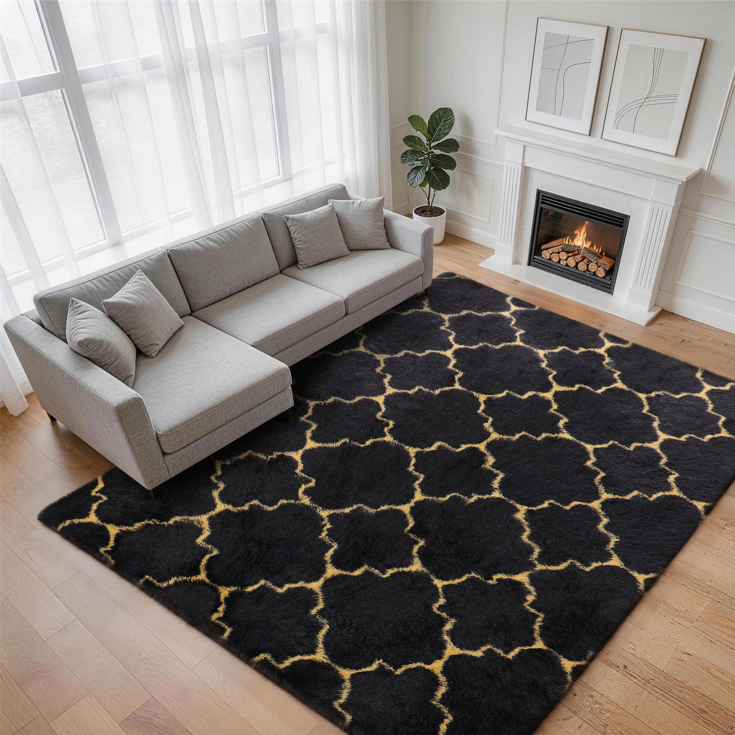 CozyDesg Soft Area Rugs for Living Room Bedroom,4ftx6ft Large Rug Fluffy Fuzzy Shag Shaggy Soft Plush Carpet,Black & Gold