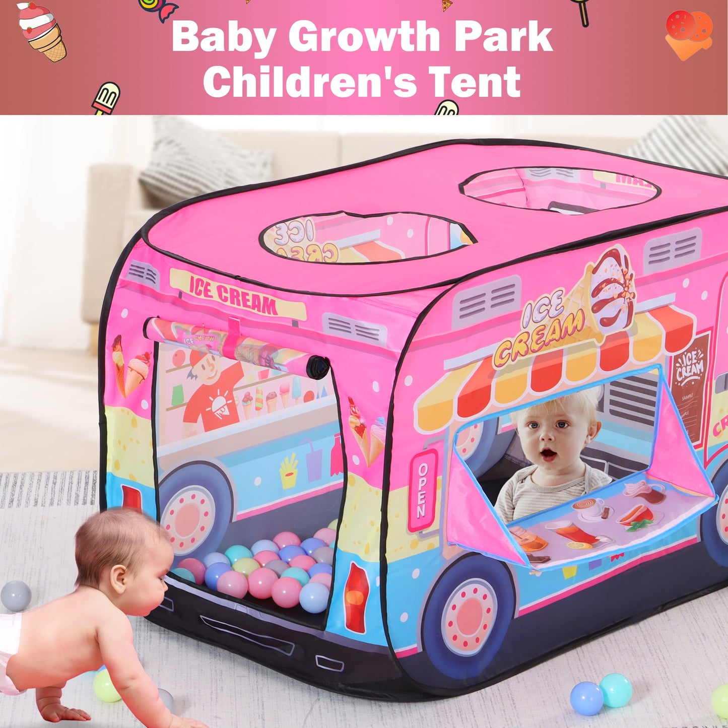 Yexmas Ice Cream Car Pop Up Tent with Carrying Case, Playhouse Indoor and Outdoor Kids Play Tent for Boys and Girls Children 3+ Years Gift