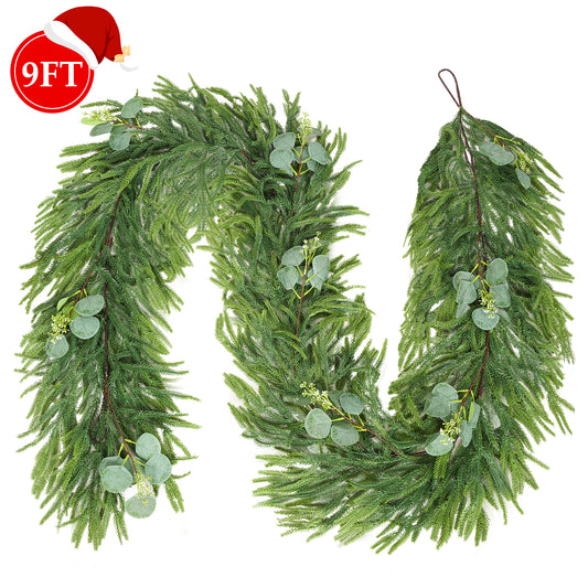 Yexmas 9FT Christmas Garland, Artificial Norfolk Pine Garland with 100 PE Tips&9 Leaves, Real Touch Greenery Garland for Mantel Fireplace Table Indoor Outdoor Xmas Decoration