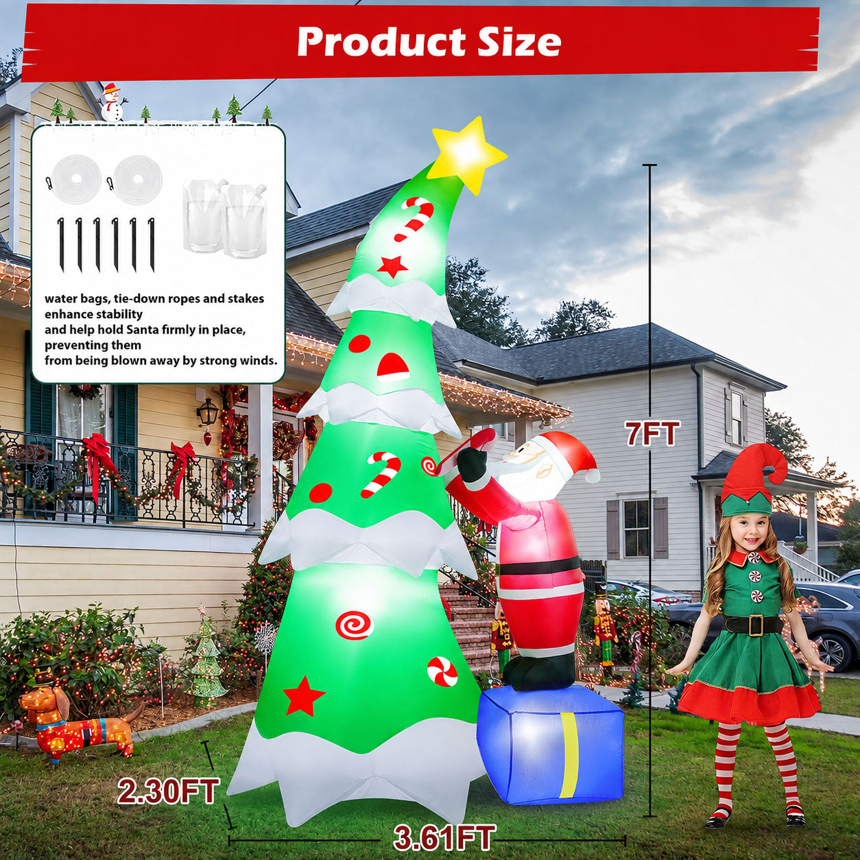 Yexmas 7FT Large Outdoor Inflatable Christmas Tree with Santa Claus on Gift Box, Built-in LED Lights, Blow Up Xmas Decoration for Yard, Garden, Lawn, Holiday Party