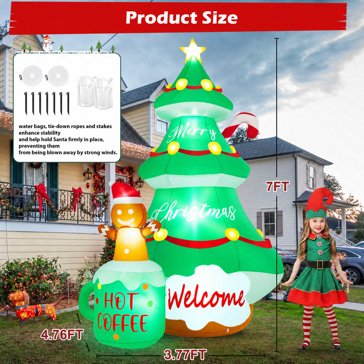 Yexmas 7FT Large Outdoor Inflatable Christmas Tree with Snowman, Hot Coffee Cup and Welcome Sign, Built-in LED Lights, Blow Up Xmas Decoration for Yard, Garden, Lawn