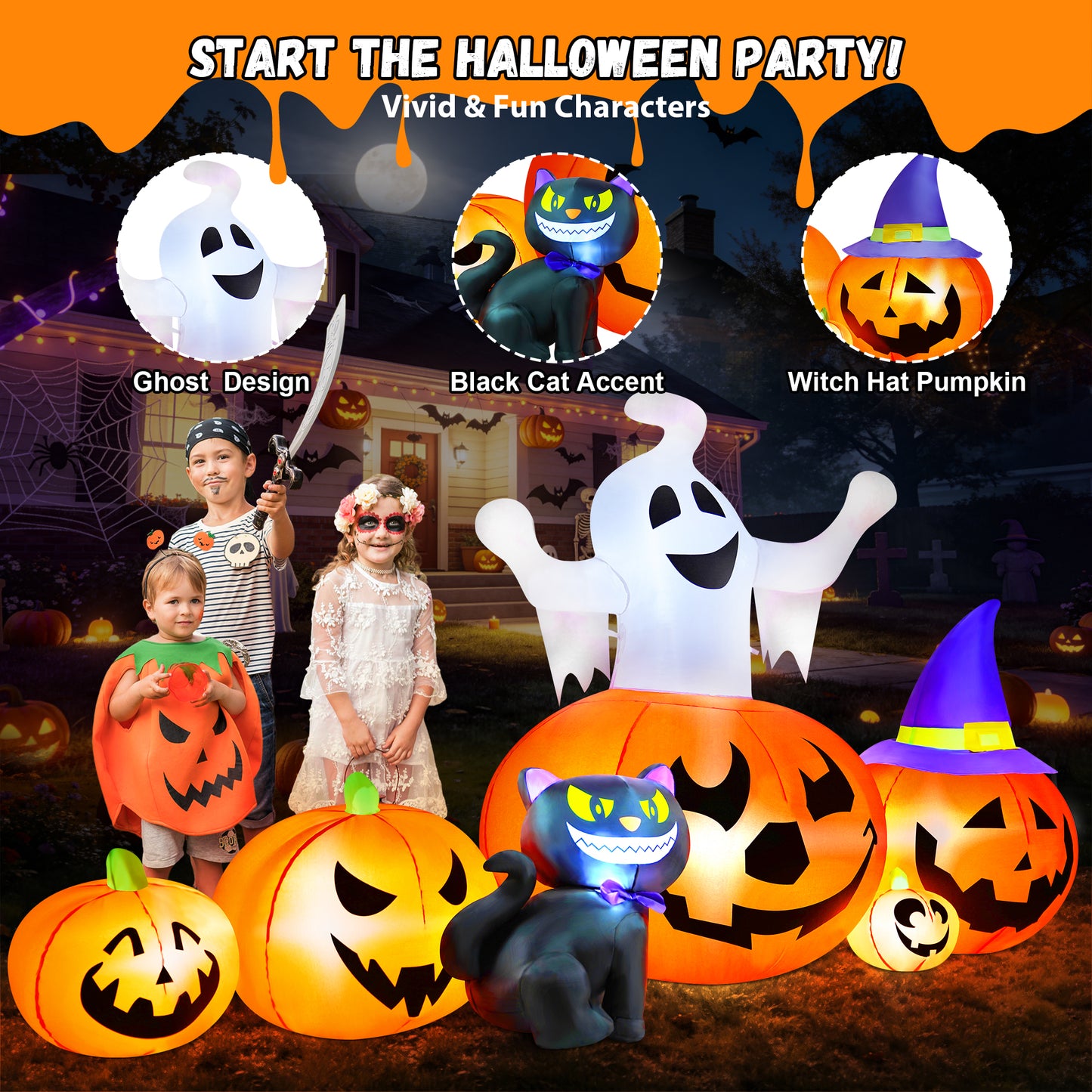 Yexmas 8FT Halloween Inflatable Decoration with Ghost, Black Cat and Pumpkins,Built-in LED Lights, Blow Up Halloween Yard Decor for Indoor/Outdoor Party,Yard, Lawn