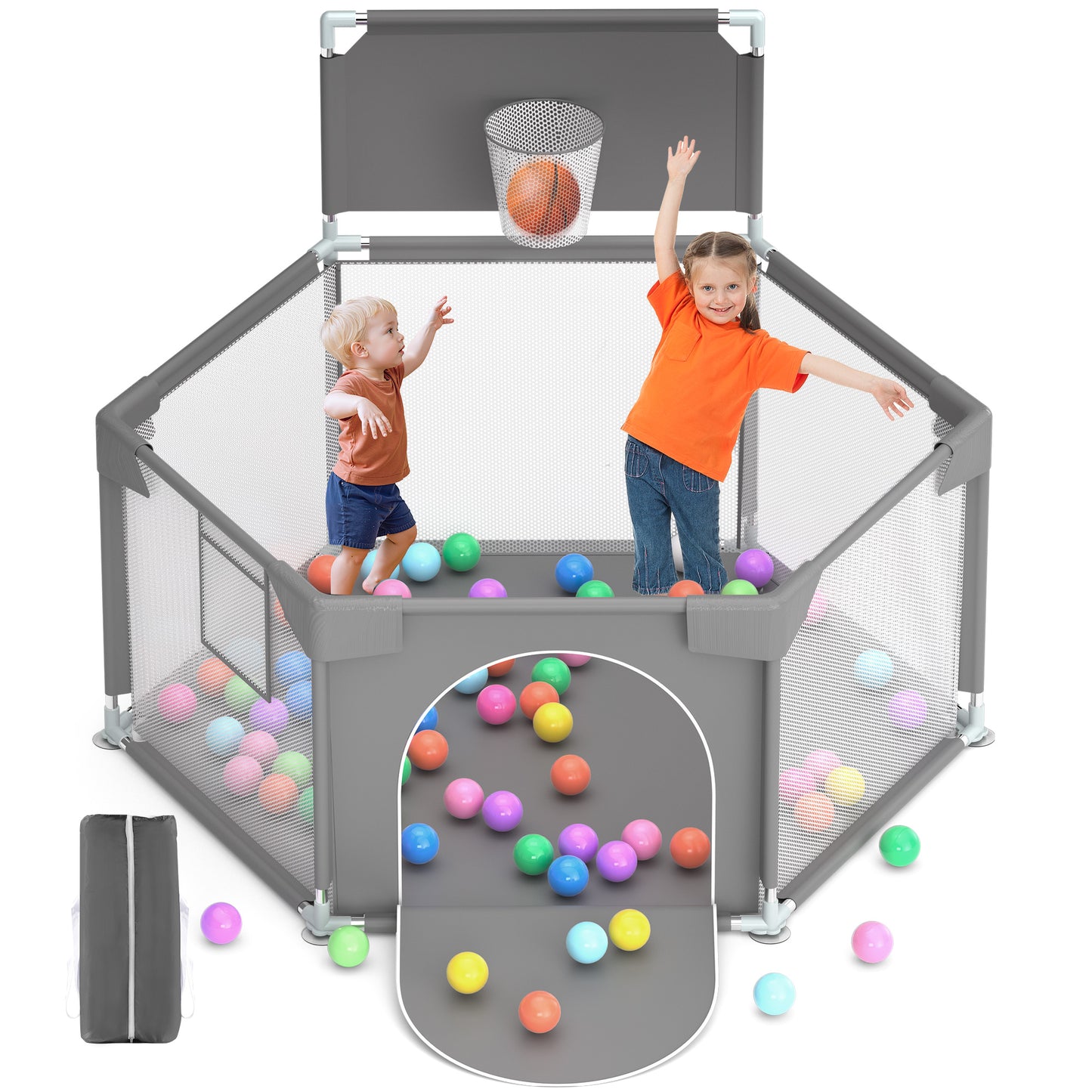 babyeap Baby Playpen with Basketball Hoop,Playpen for Babies and Toddlers,Hexagonal Fence Baby Play Yards,Dark Gray