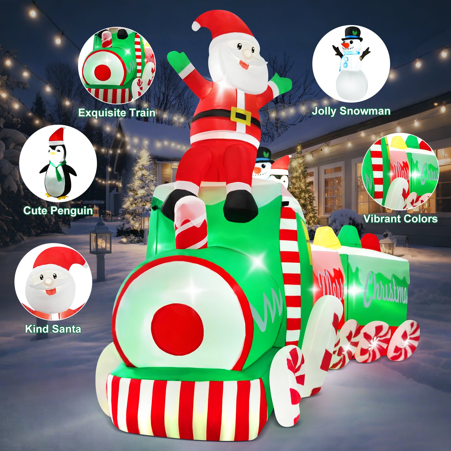 Yexmas 10.5ft Christmas Inflatable Train with Santa Snowman Penguin Dinosaur Corner Outdoor Lights Decorations for Holiday Decorations, Christmas Parties, Yard, Garden and Lawn