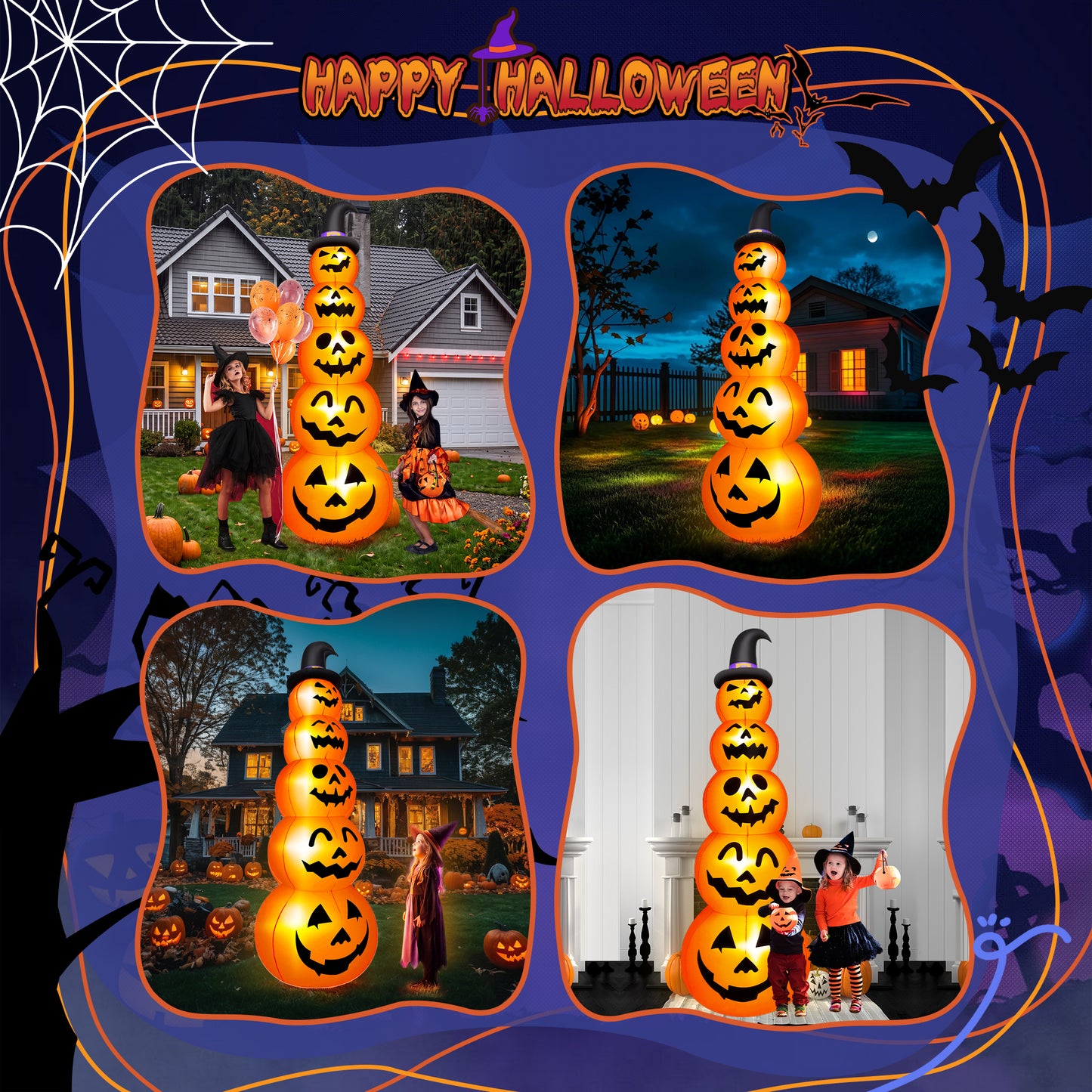 Yexmas 10ft Halloween Inflatable Pumpkins Outdoor Decor with Black Cat Tombstone and Spectre,Built-in LED Lights,for Halloween Party,Yard,Garden,Lawn