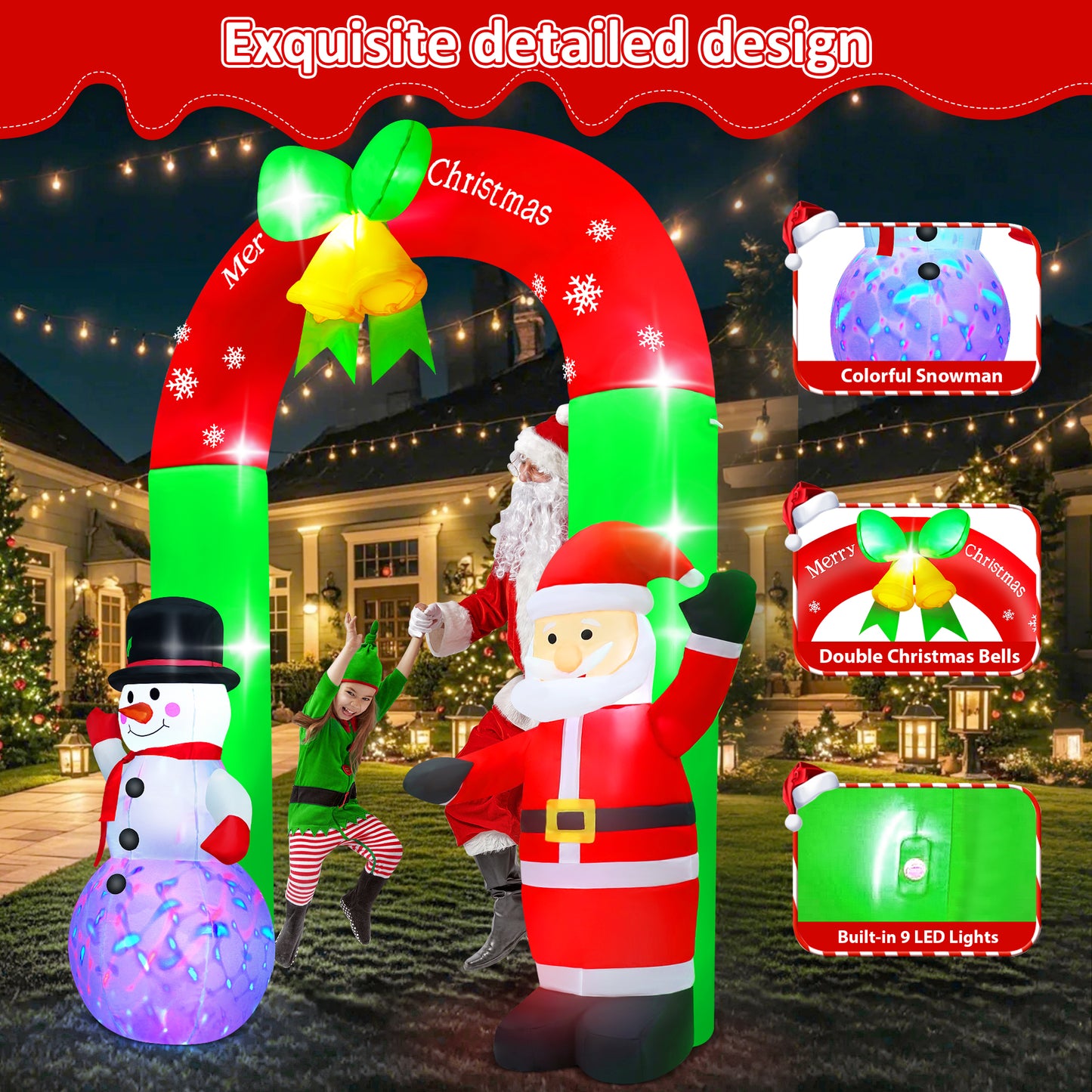 Yexmas 8FT Christmas Inflatable Archway,Christmas Blow Up Yard Decorations with Santa Claus and Snowman,Outdoor Christmas Decorations with Bow LED Lights